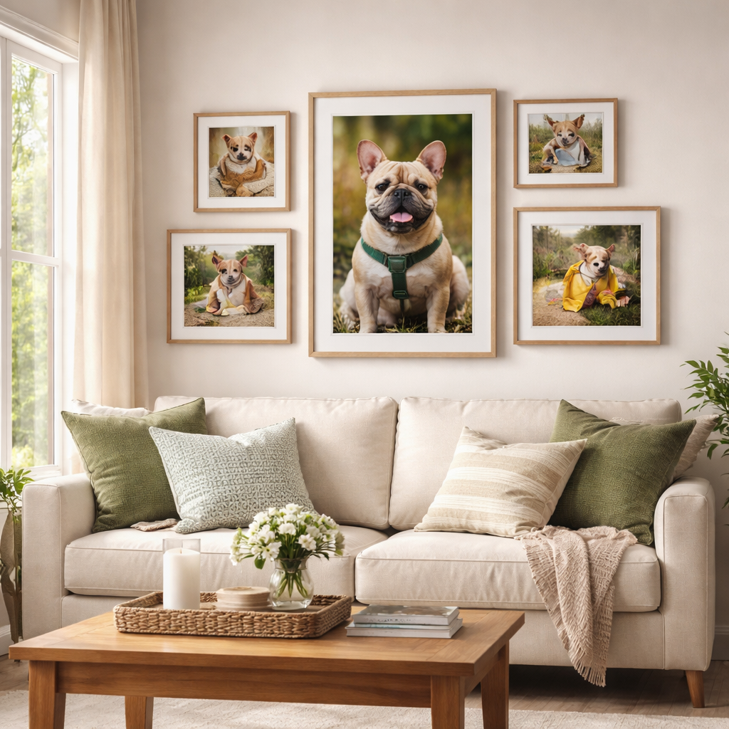 A gallery wall of a French dog for memorializing after your heart dog passes K9Hearts