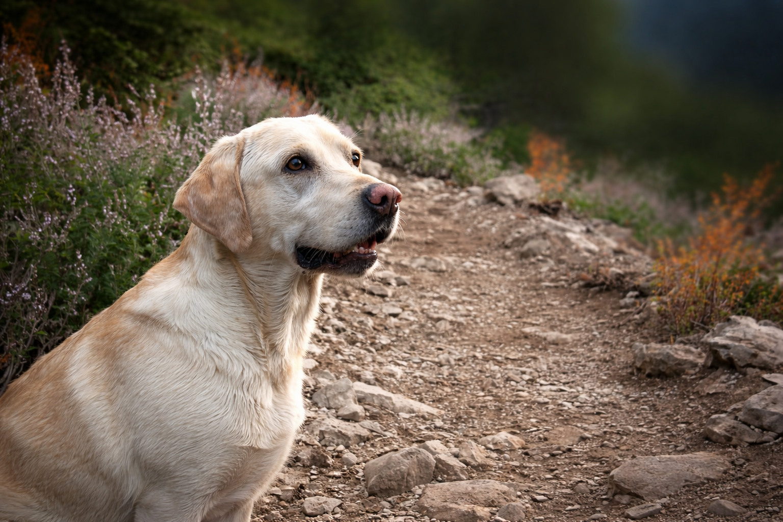 Golden Lab on a forest trail — Forest Healing Portrait example
