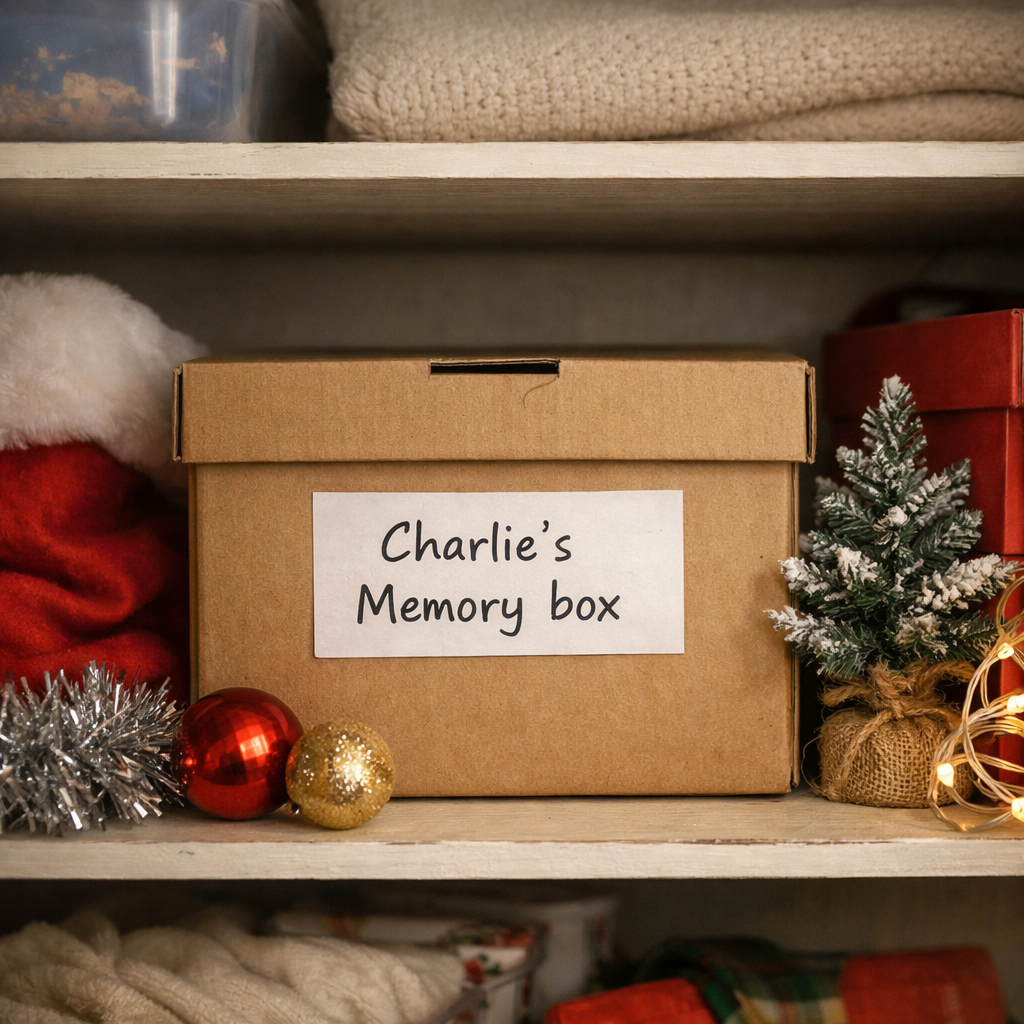 A labeled memory box stored alongside holiday items representing acceptance and closure after dog loss