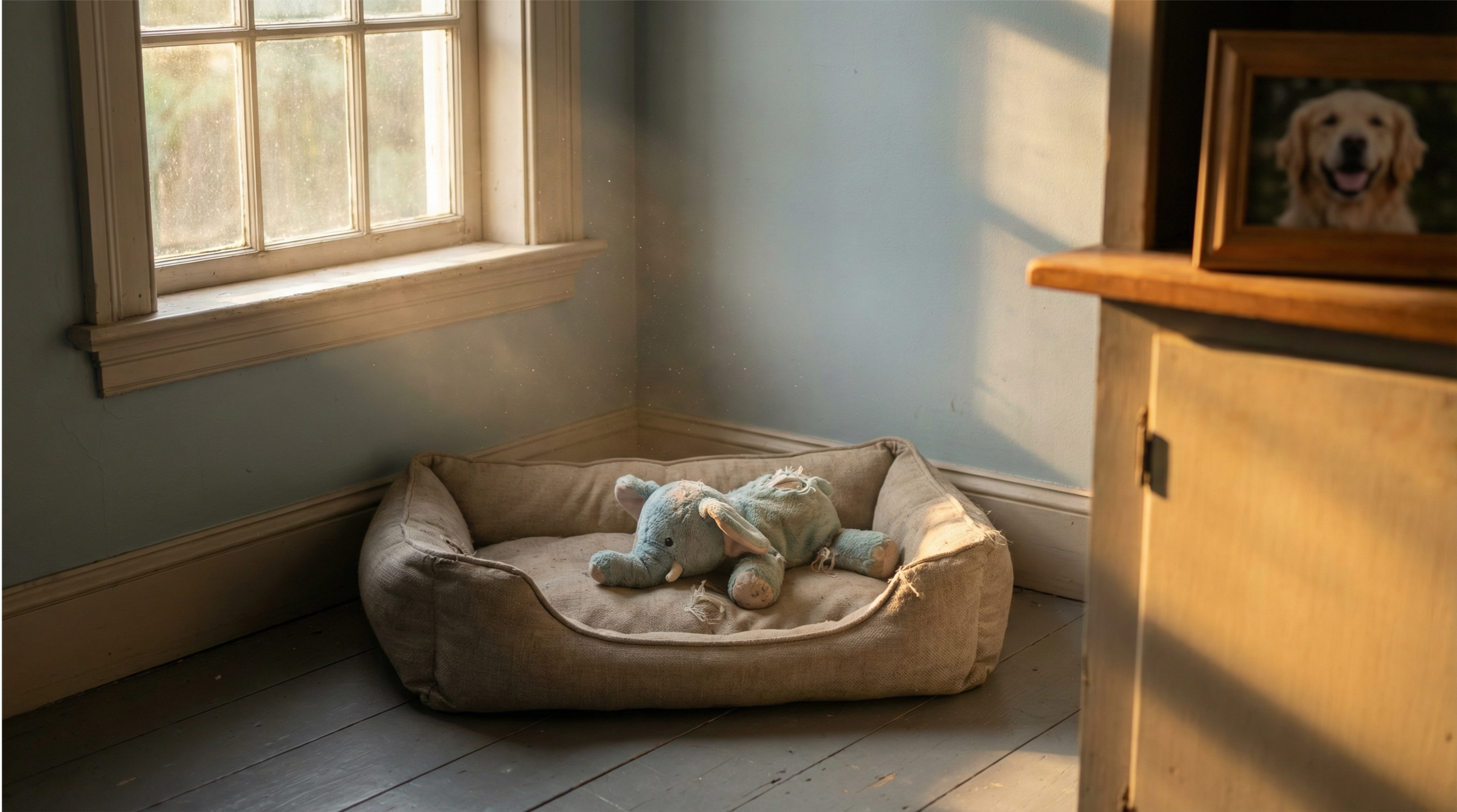 An empty dog bed with a plush elephant toy sitting in the empty dog bed.