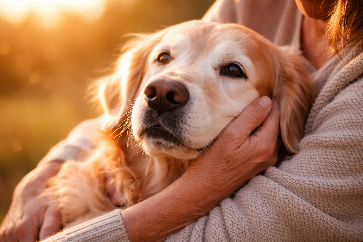 A golden retriever being embraced by his owner.