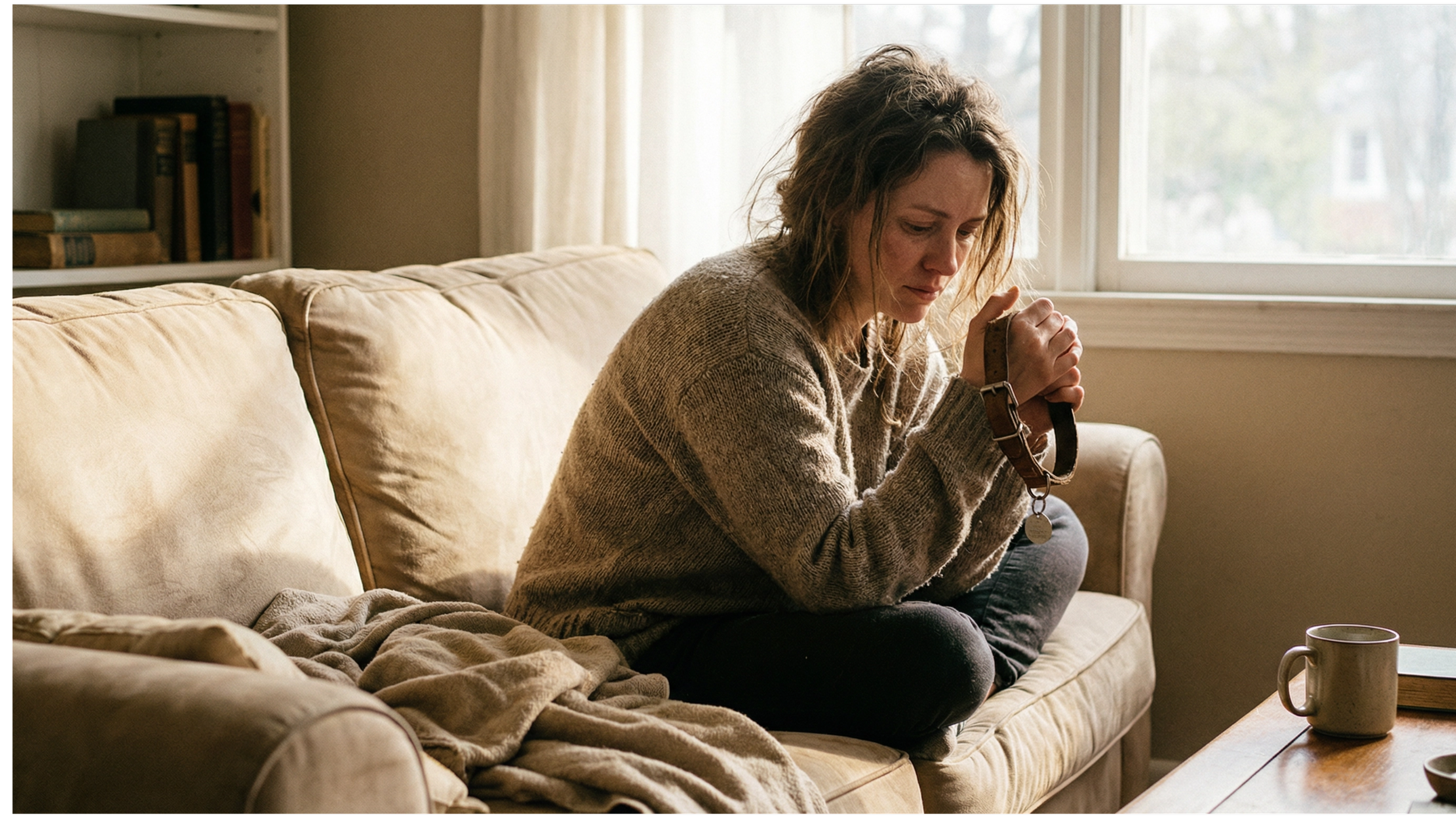 A lady grieving the loss of her dog alone on the couch.