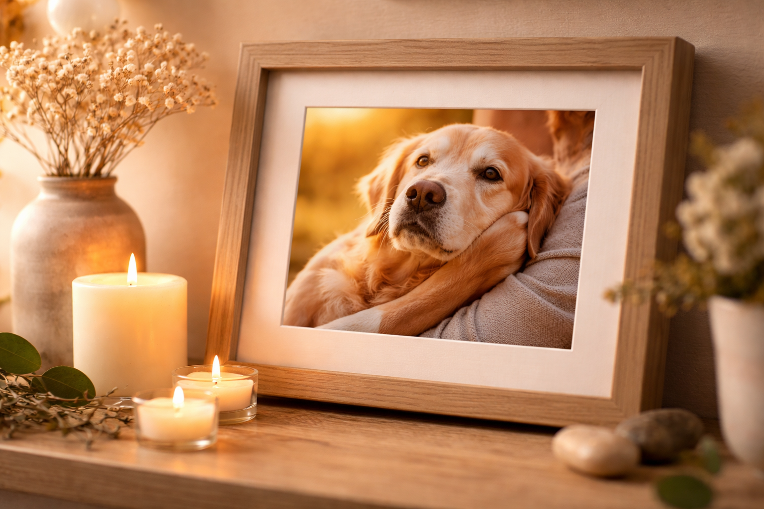 Portrait of a golden retriever framed on a shelf with candles lit and flowers on the shelf.