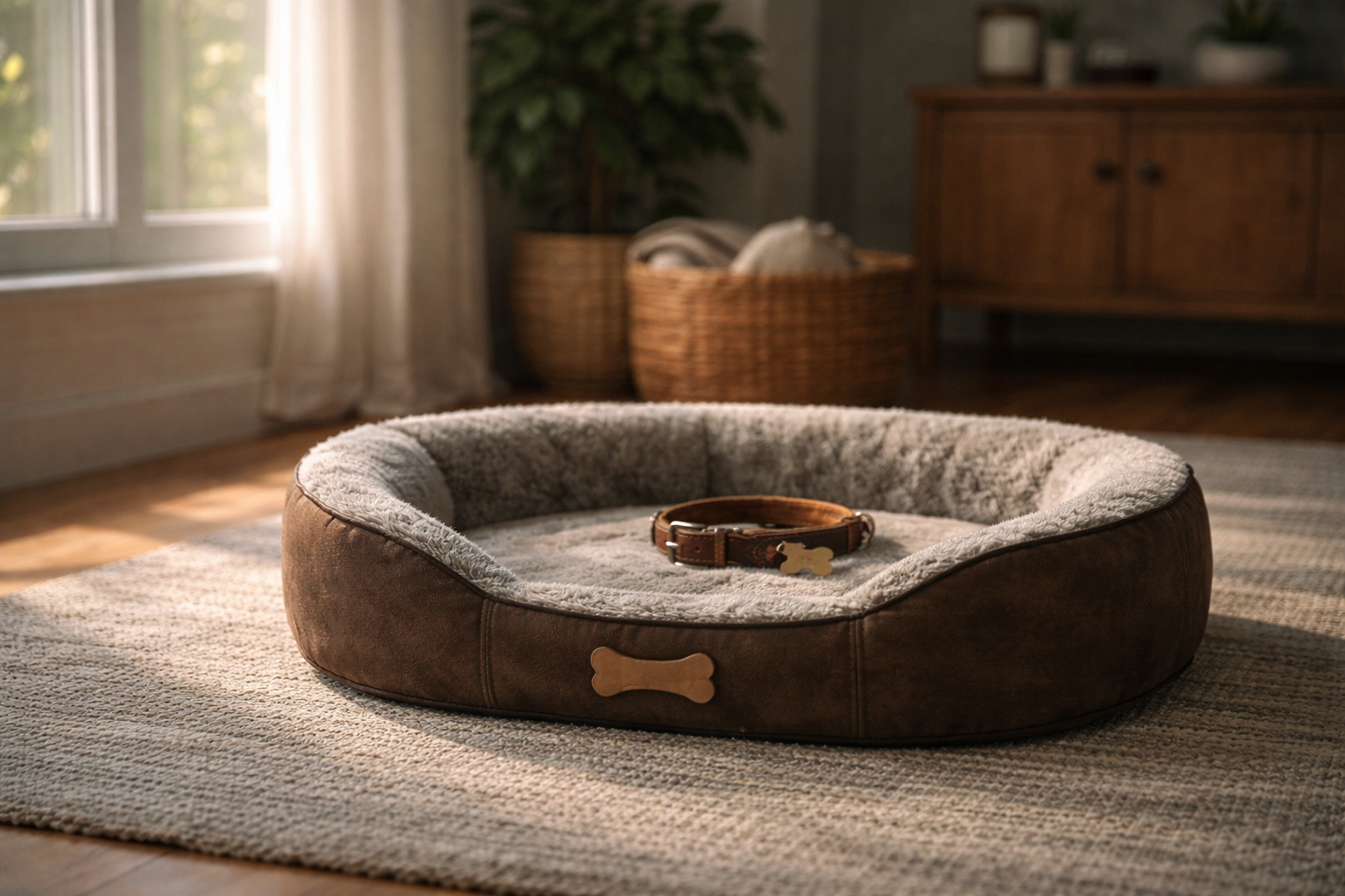 An empty dog bed in soft morning light, representing the profound absence felt after the loss of a beloved dog.