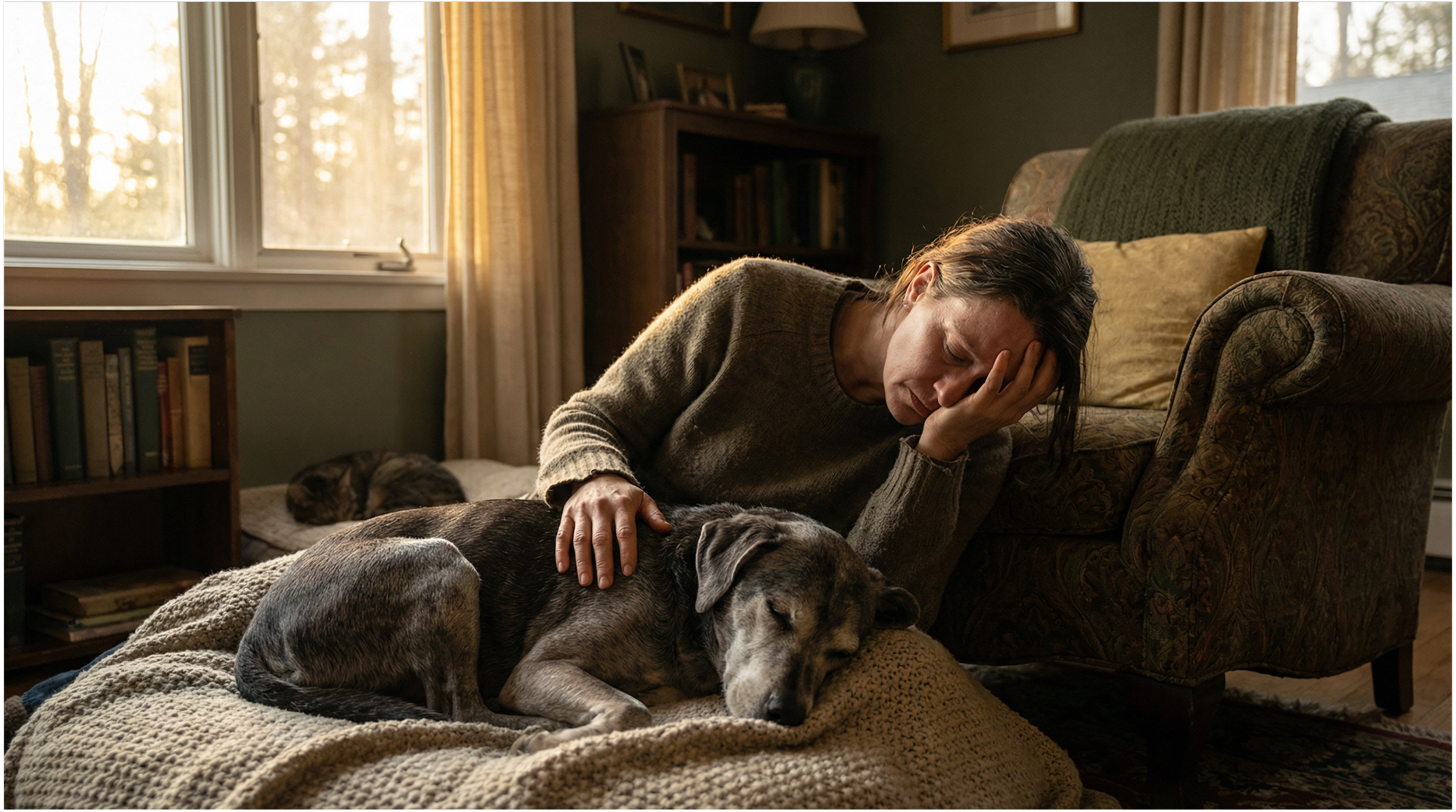 A very sad female laying with her senior dog on the floor on the dog bed. They are very sad.
