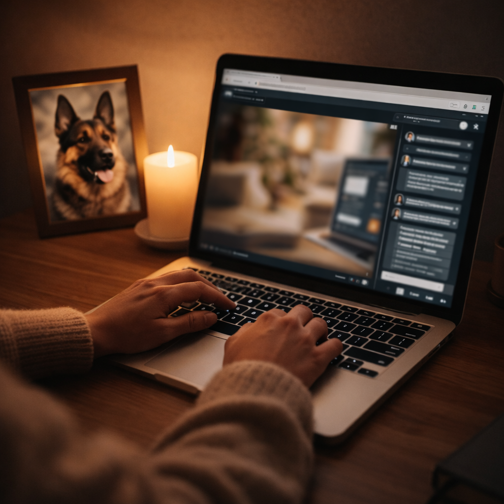 A person connecting to online pet loss support from home — virtual grief groups for dog loss available any time