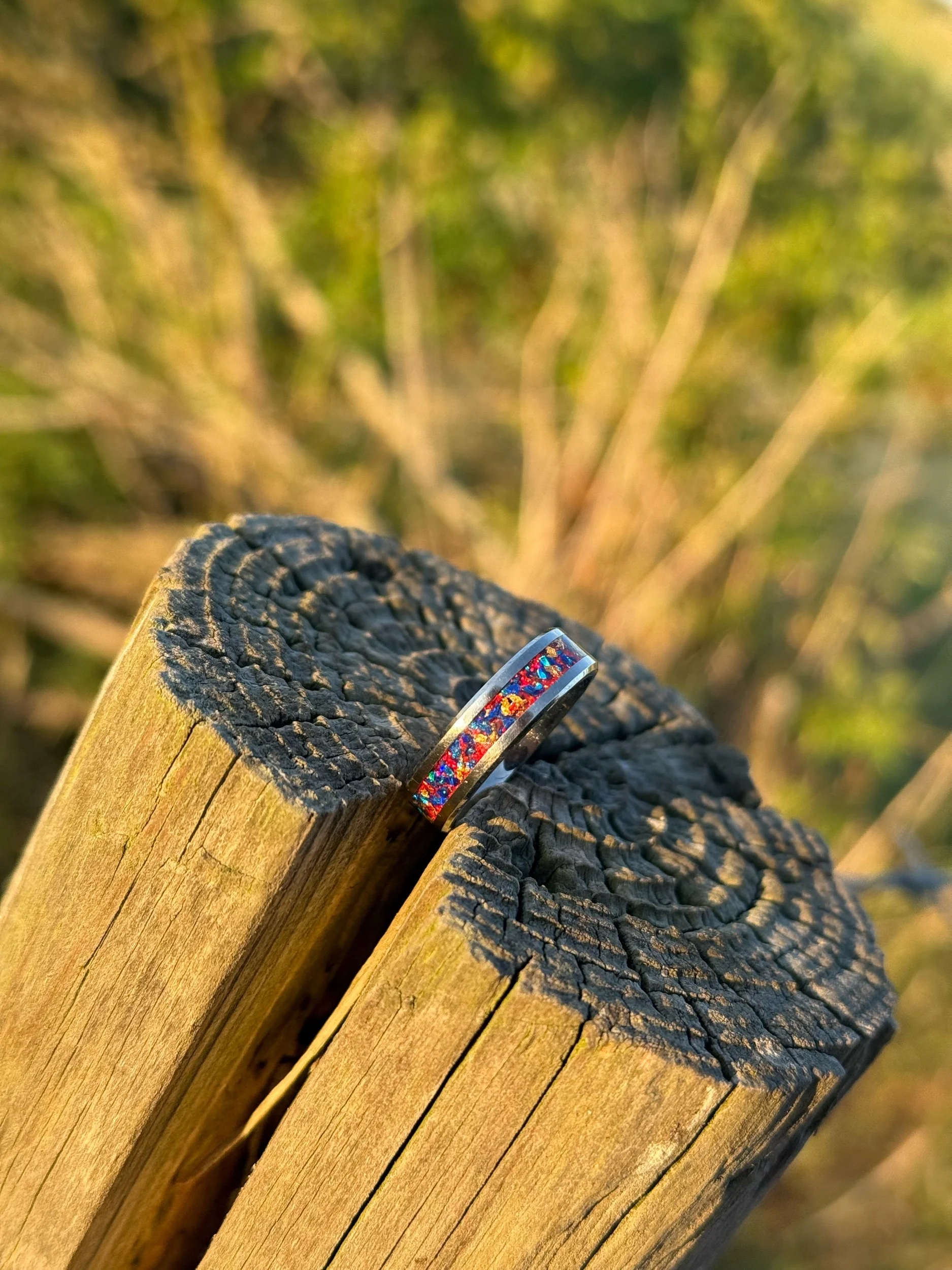 Ruby Red & Royal Blue Opal Inlay Titanium Ring 6mm