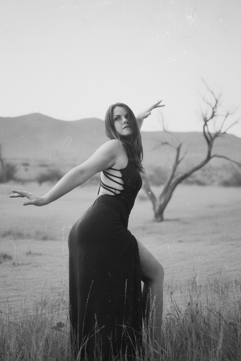 Schwarz-weiß-Foto einer Frau in einem langen Kleid, die in einer ländlichen Landschaft steht, mit Hügeln im Hintergrund und einem leeren Baum, der wie ein Baum mit zerbrochenen Ästen aussieht.