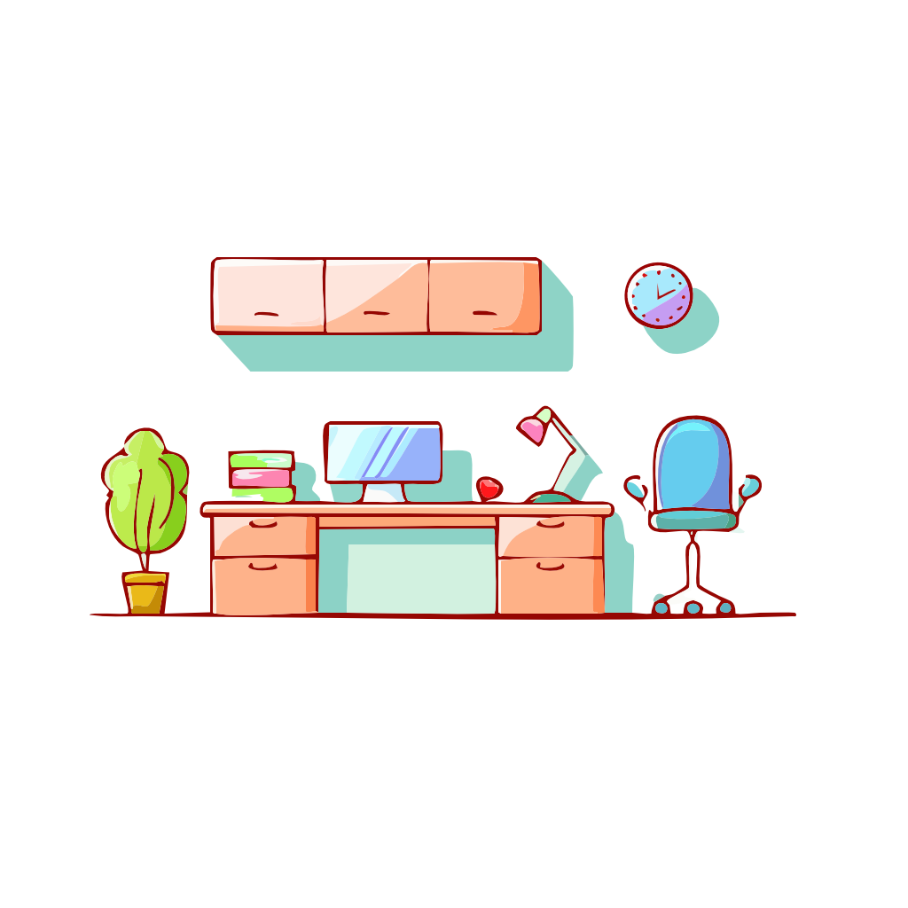 Kuvassa on toimisto, jossa on työpöytä, tietokone, lamppu, kasvi, hylly ja tuoli, sekä seinällä kello.