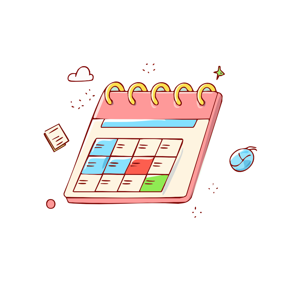 Piirroskalenteri, jossa on erilaisia värejä ja merkintöjä, ja ympärillä pieniä esineitä kuten paperi, pallo ja kimalletta.