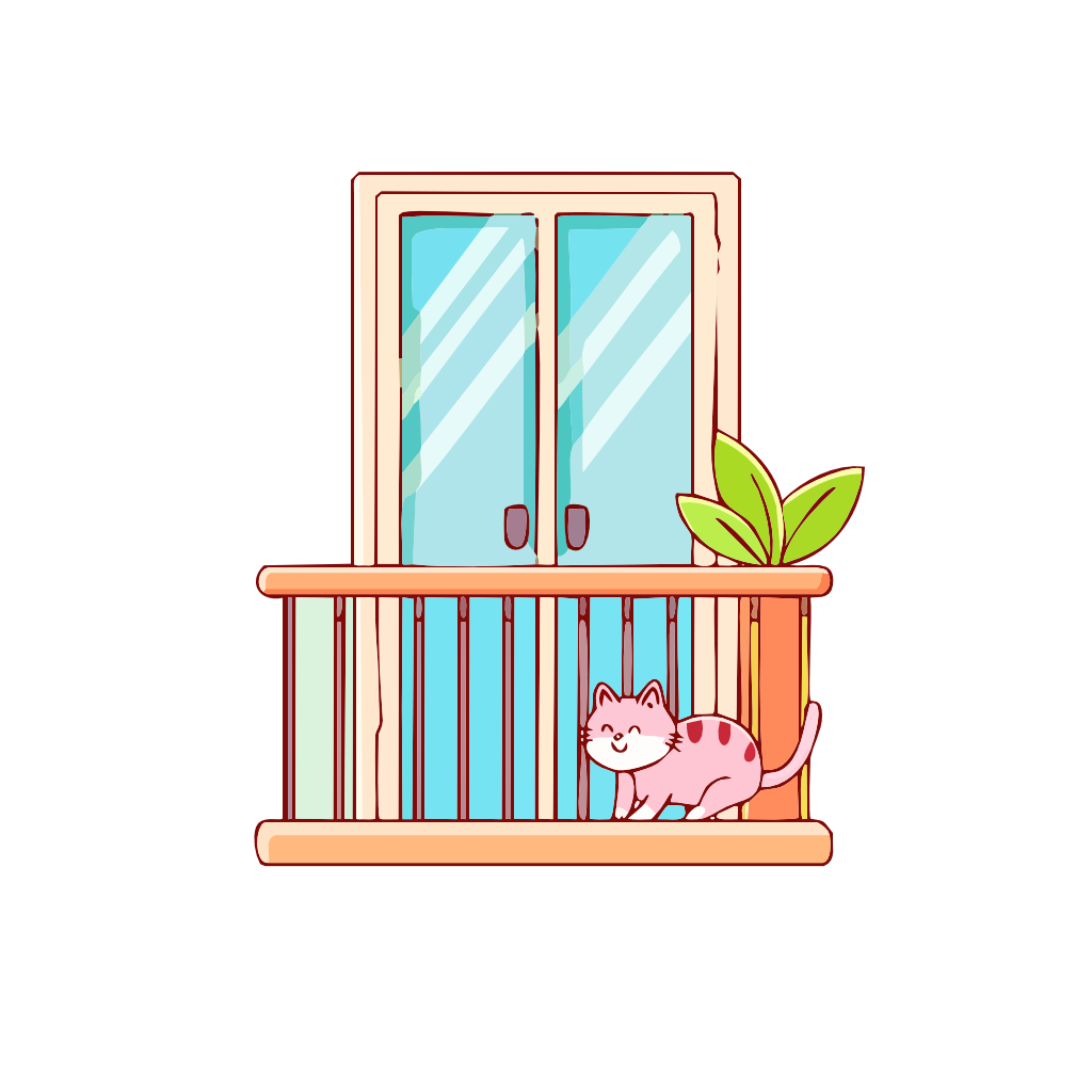 Ikkuna parvekkeella, jossa kasvaa vihreitä lehtiä, ja onnellinen kissanhahmo alhaalla.