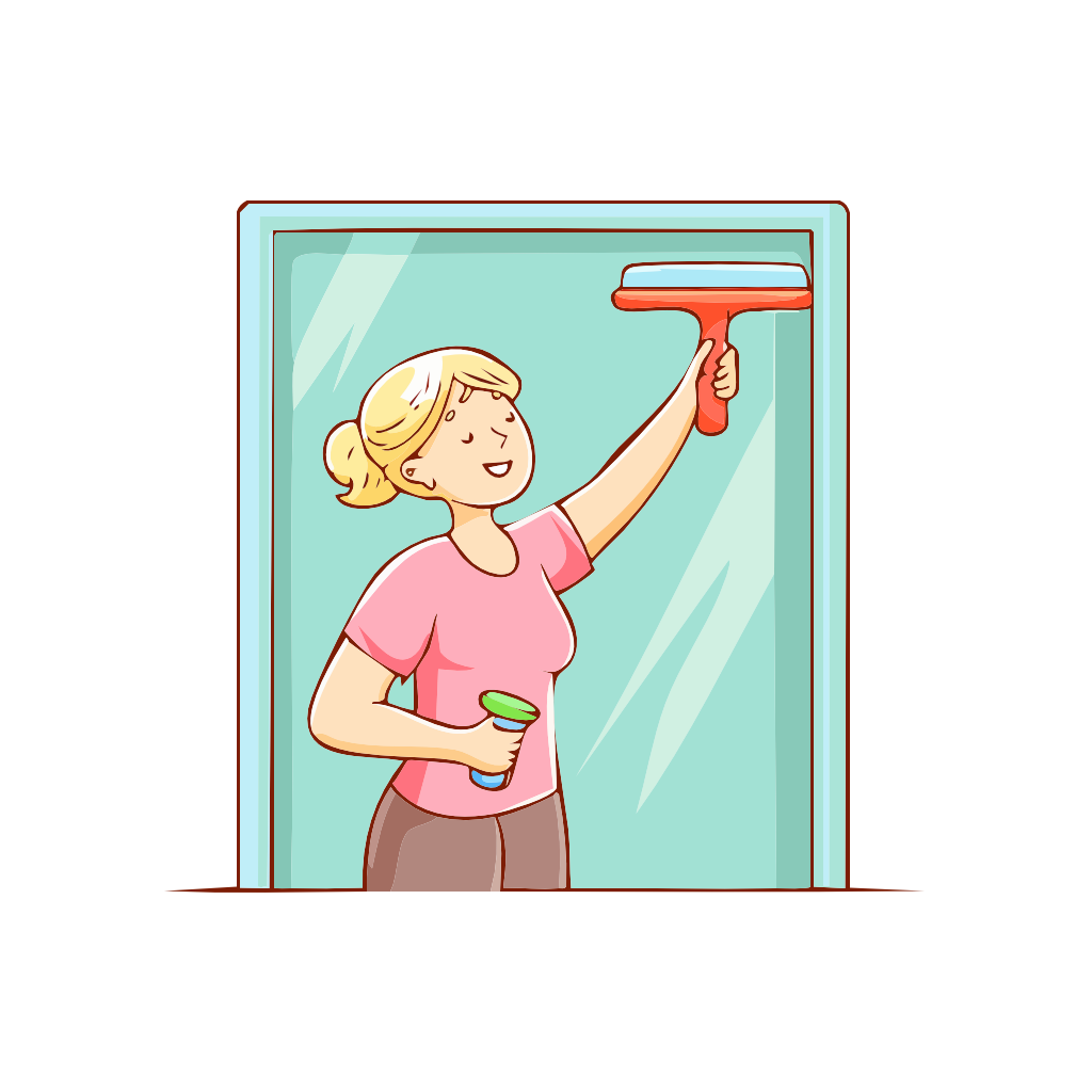 Nainen putsaa ikkunaa käyttäen työhanskat ja hohkakiviä, ja käyttää ikkunoimuria.