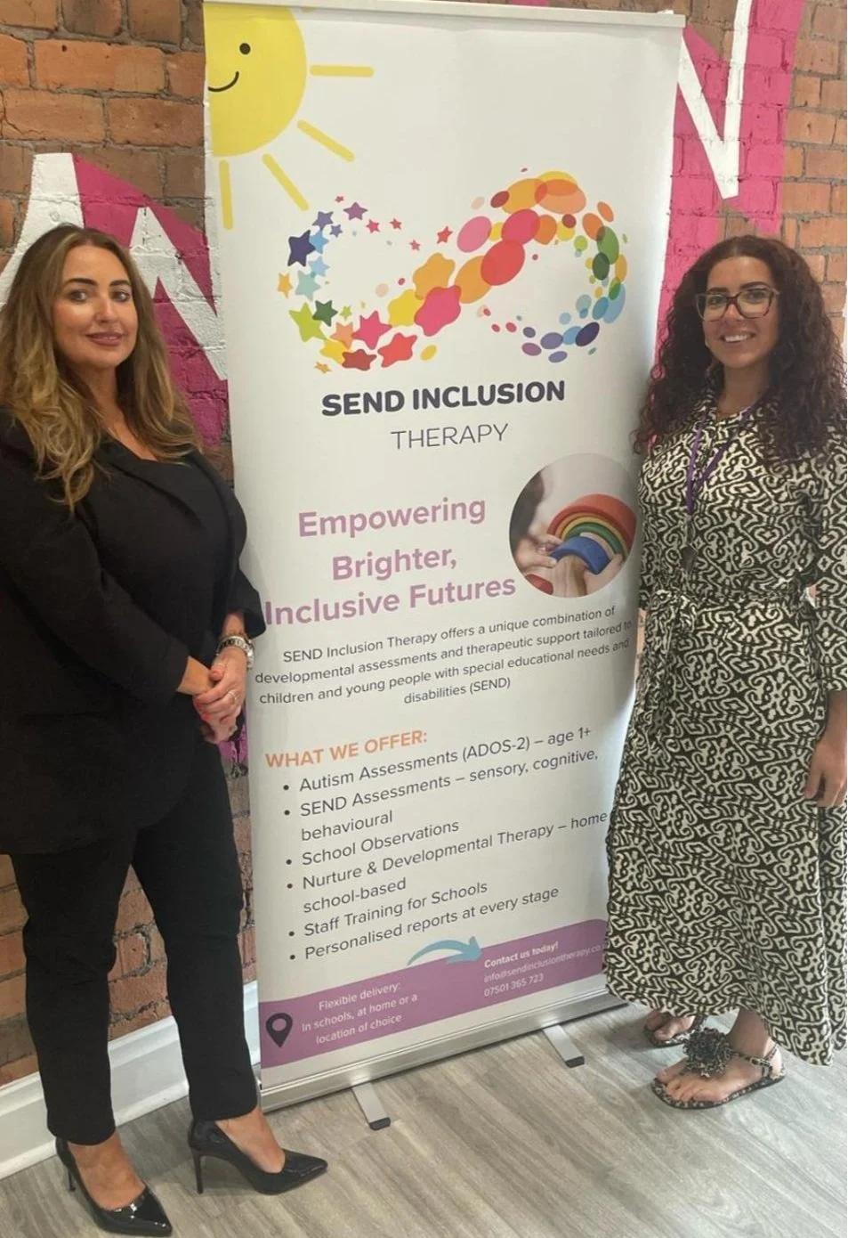 Two women standing next to a banner for Send Inclusion Therapy, which offers assessments and support for children and young people with special educational needs and disabilities. The banner has colorful graphics, including a sun, stars, and bubbles, with phrases like "Empowering Brighter, Inclusive Futures."