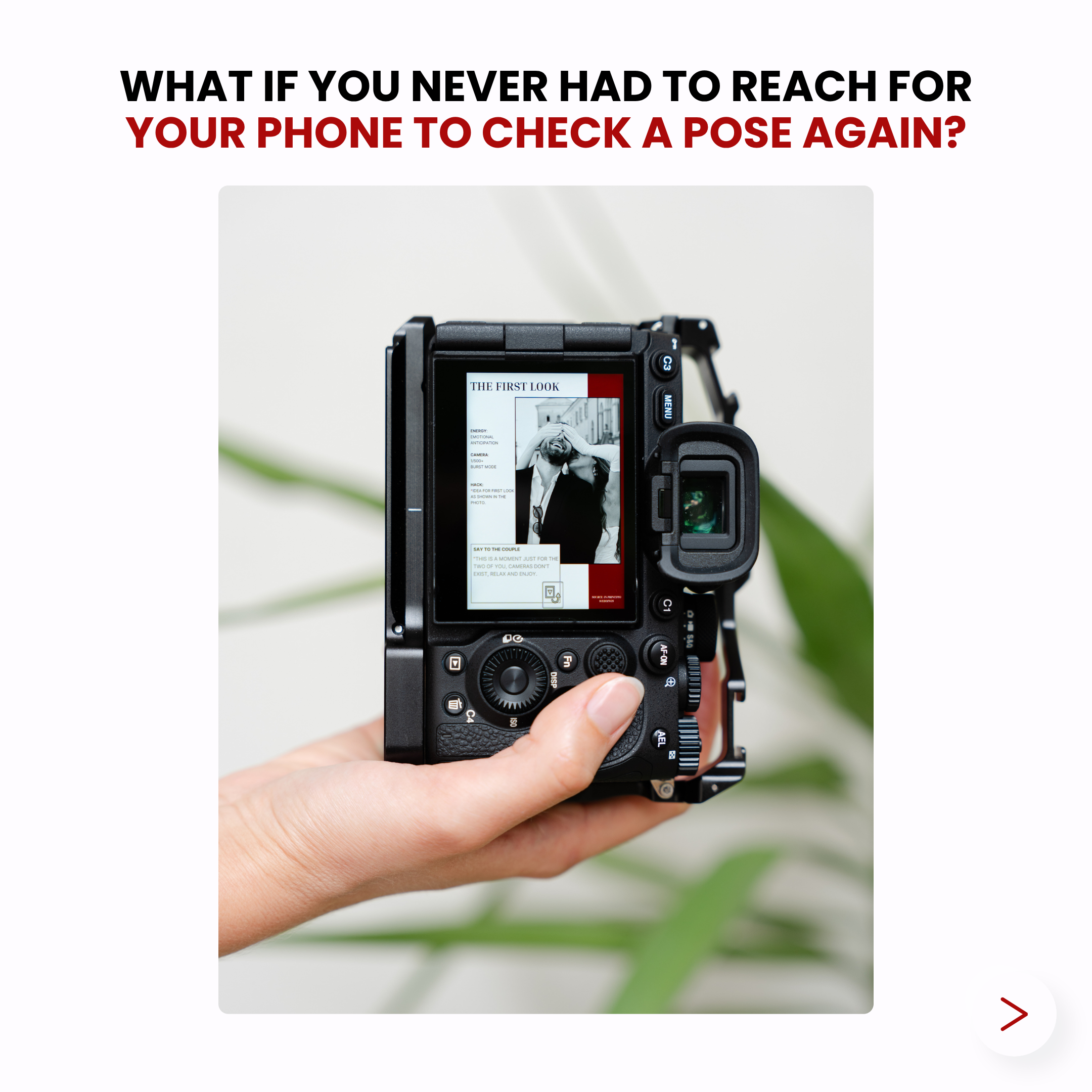 A person holding a camera in their hand, with a screen displaying a photograph of a man covering his eyes with both hands.
