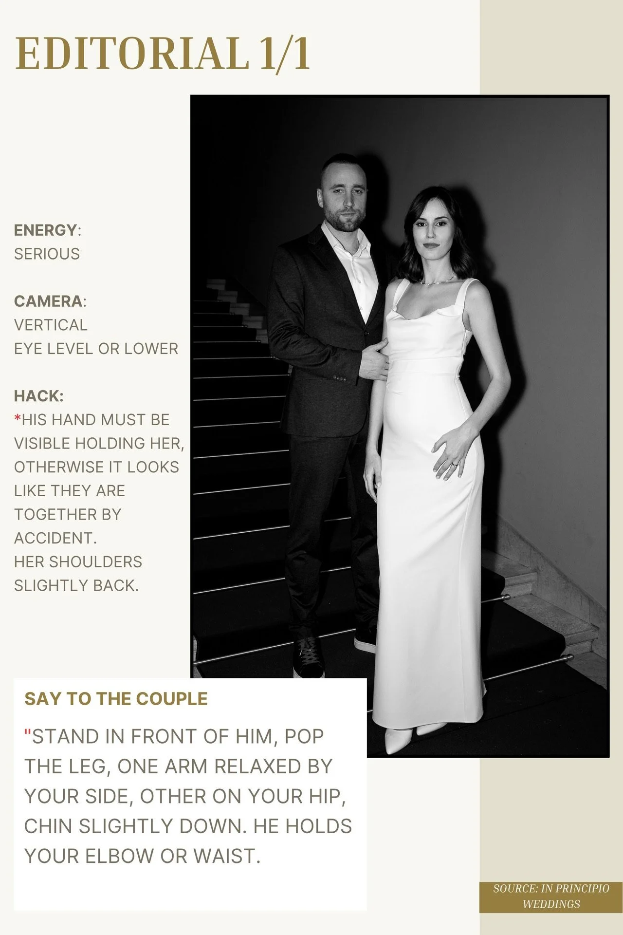 A black and white photo of a man and a woman at a formal event. The man, in a suit, has his hand on the woman's waist, and she is wearing a white gown. They are standing on a staircase, looking at the camera.
