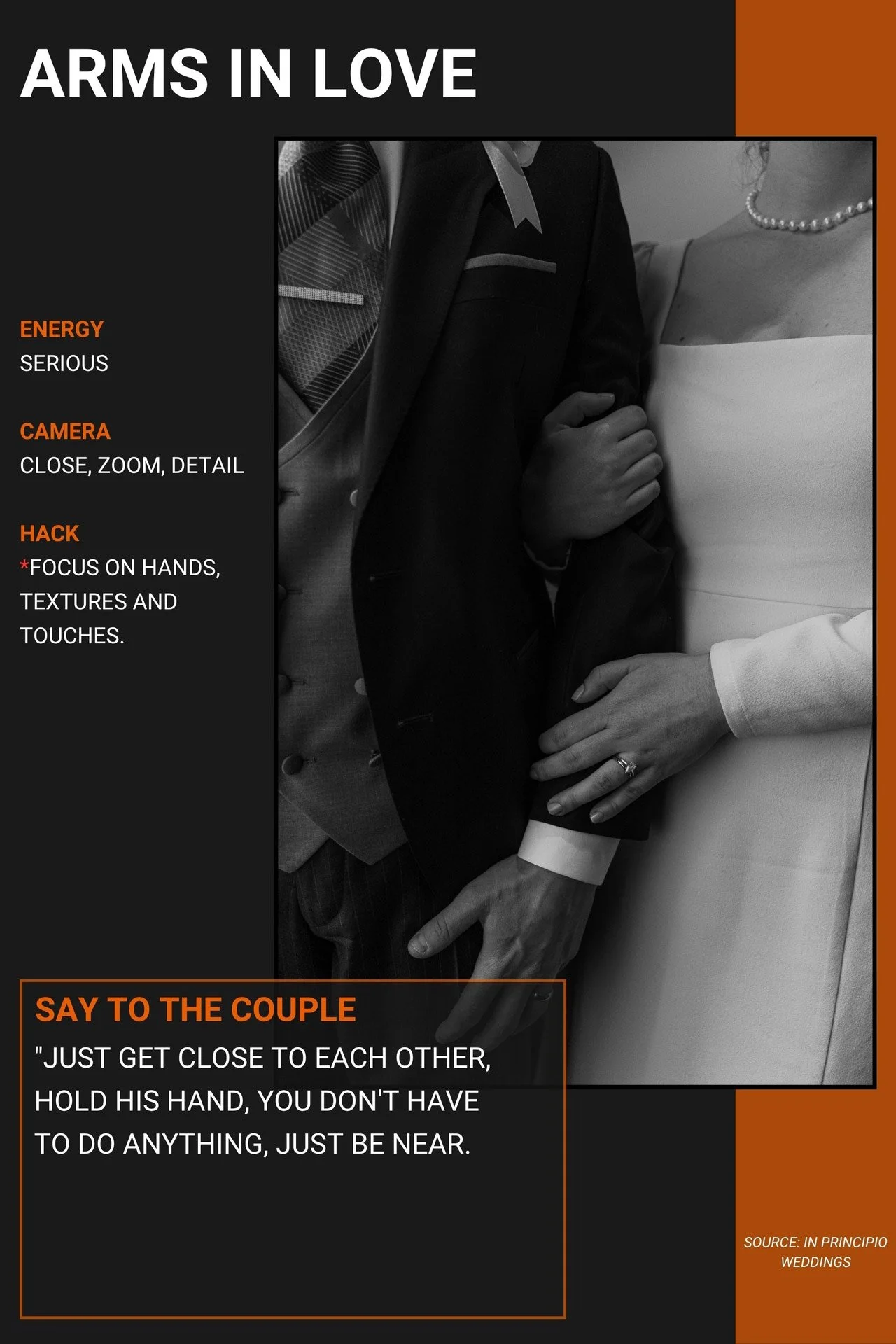 Black and white photograph of a couple holding hands, focusing on their intertwined hands and arms. The man is wearing a suit, and the woman is wearing a wedding dress with a pearl necklace. The image is part of a romantic-themed graphic with text about love, energy, camera angles, and advice for couples.