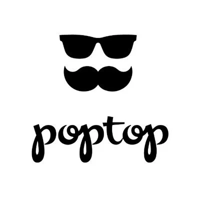 A logo with black sunglasses, a mustache, and the word "poptop" in black cursive font.