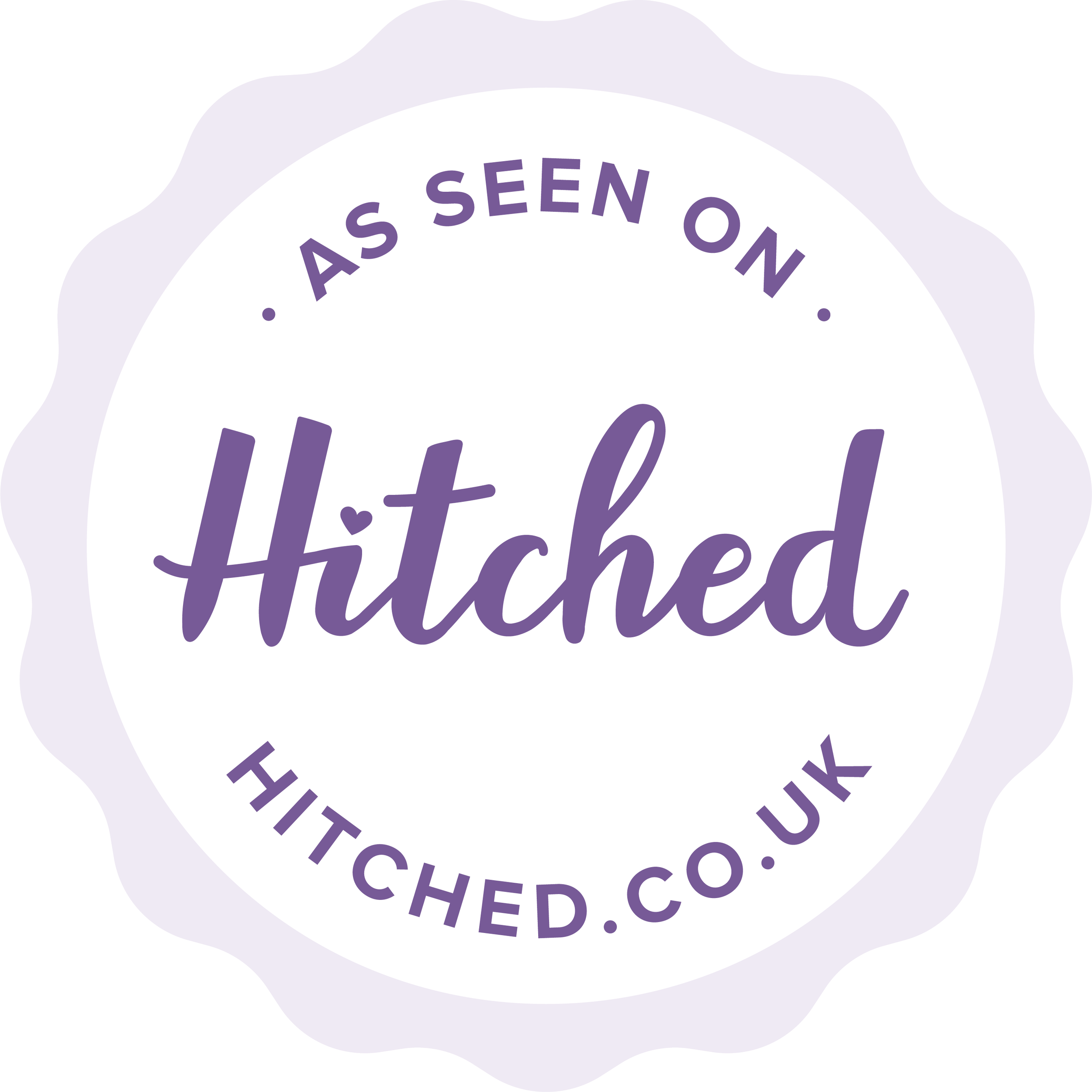 A sticker with a white background and scalloped purple border, featuring purple text that reads 'As Seen On Hitched.co.uk', with the word 'Hitched' in larger cursive font and the rest in smaller uppercase letters.