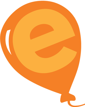 An orange balloon shaped like the lowercase letter 'e' with a white highlight on the left side.