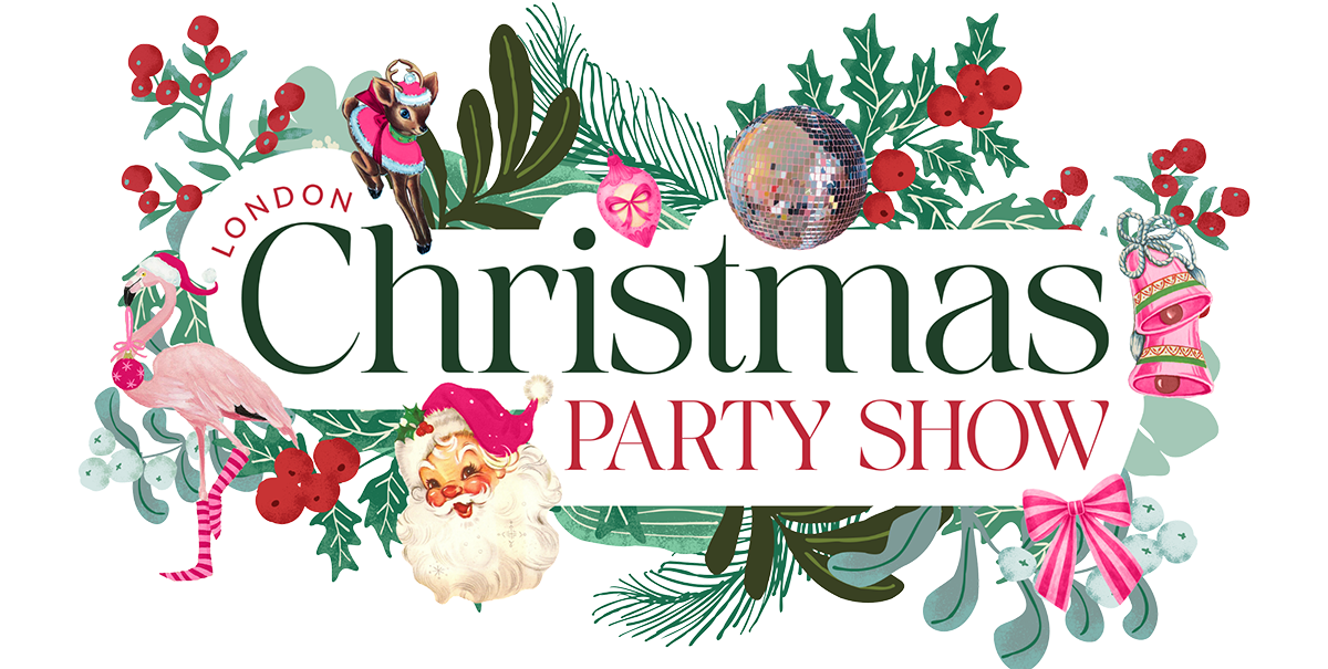 Decorative Christmas-themed banner with holly, berries, a disco ball, a Santa Claus, presents, a flamingo, a ballerina, and a reindeer, advertising the London Christmas Party Show.
