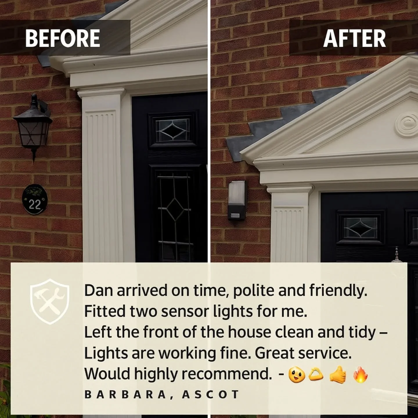 Another happy customer in Ascot ✅
Reliable, tidy, and done right first time. 👊
#DefenderPropertyMaintenance #AscotHandyman #BerkshireTrades #LightingUpgrade #SensorLights #OutdoorLighting #HomeImprovements #PropertyMaintenance #HandymanServices #Tr