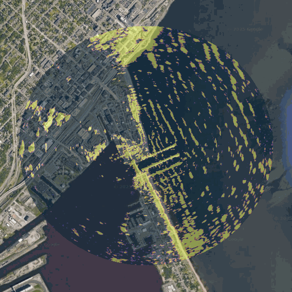 Animated gif showing individual wave crests, as seen by SeaSignal, approaching the shoreline at Duluth Harbor, MN