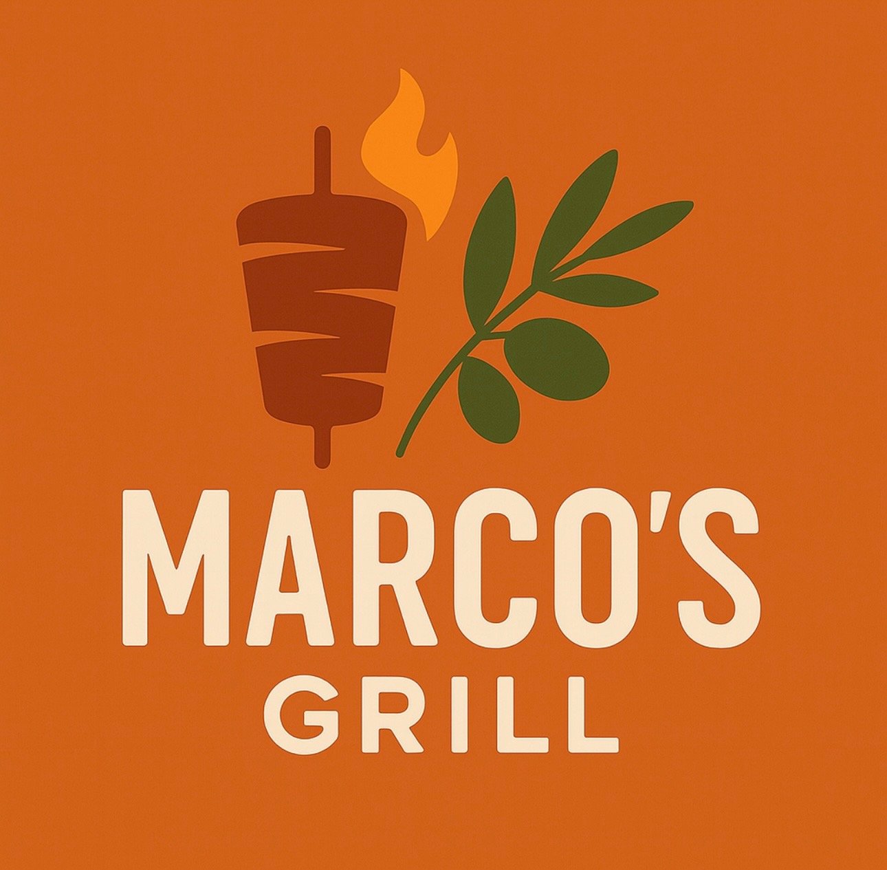 Logo for Marco's Grill featuring a brown grilled skewer with flame and a green olive branch on an orange background. Tampa fine dining