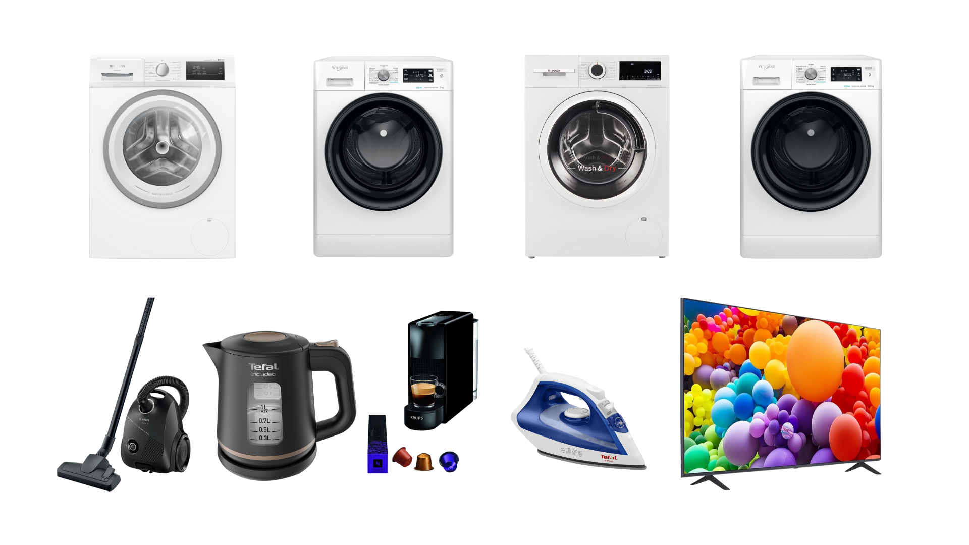 Collection of household appliances including two washing machines, a dryer, a vacuum cleaner, an electric kettle, a coffee machine, a steam iron, and a flat-screen television.
