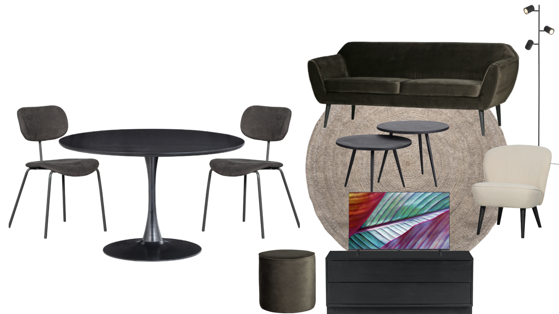 Living room with black circular dining table and two gray chairs, brown velvet sofa on a round beige rug, white accent chair, black TV stand with a colorful abstract artwork, small side table, and a bookshelf lamp.