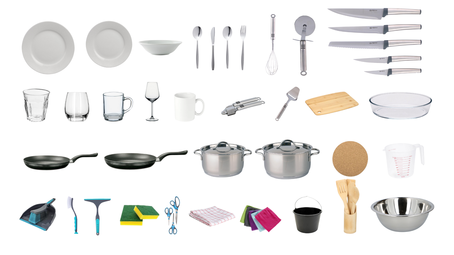 A collection of kitchen utensils and cookware including plates, bowls, cutlery, glasses, a rolling pin, a knife block, pots, pans, cleaning brushes, sponges, cloths, a strainer, measuring cup, and various cooking and cleaning tools.