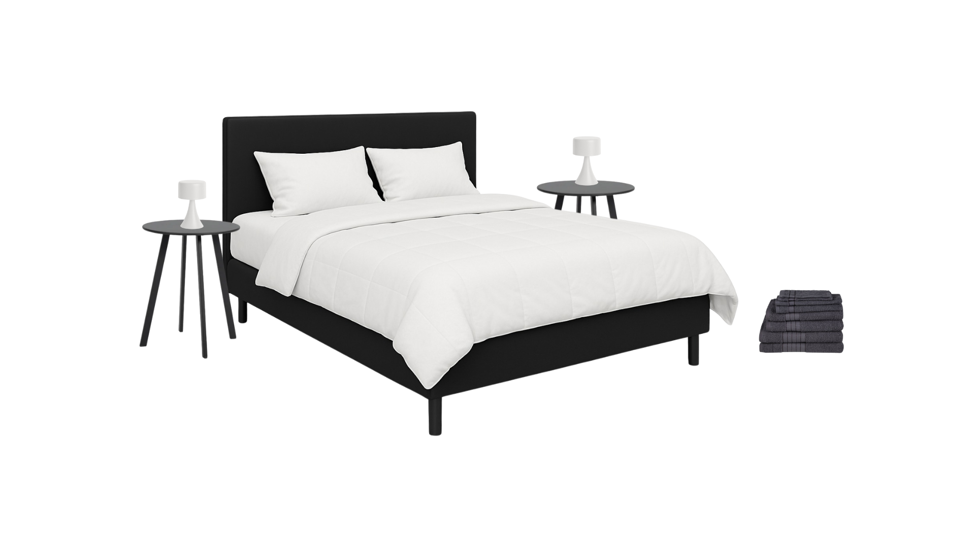 Black bed with white bedding, two white pillows, black nightstands with white lamps, and a stack of dark gray towels.
