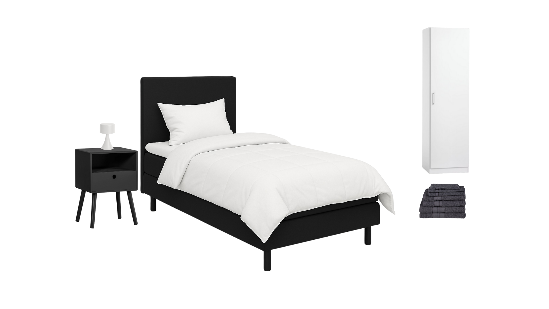 Black bed with white bedding and pillows, black nightstand with a white lamp, white wardrobe, and folded dark gray towels.