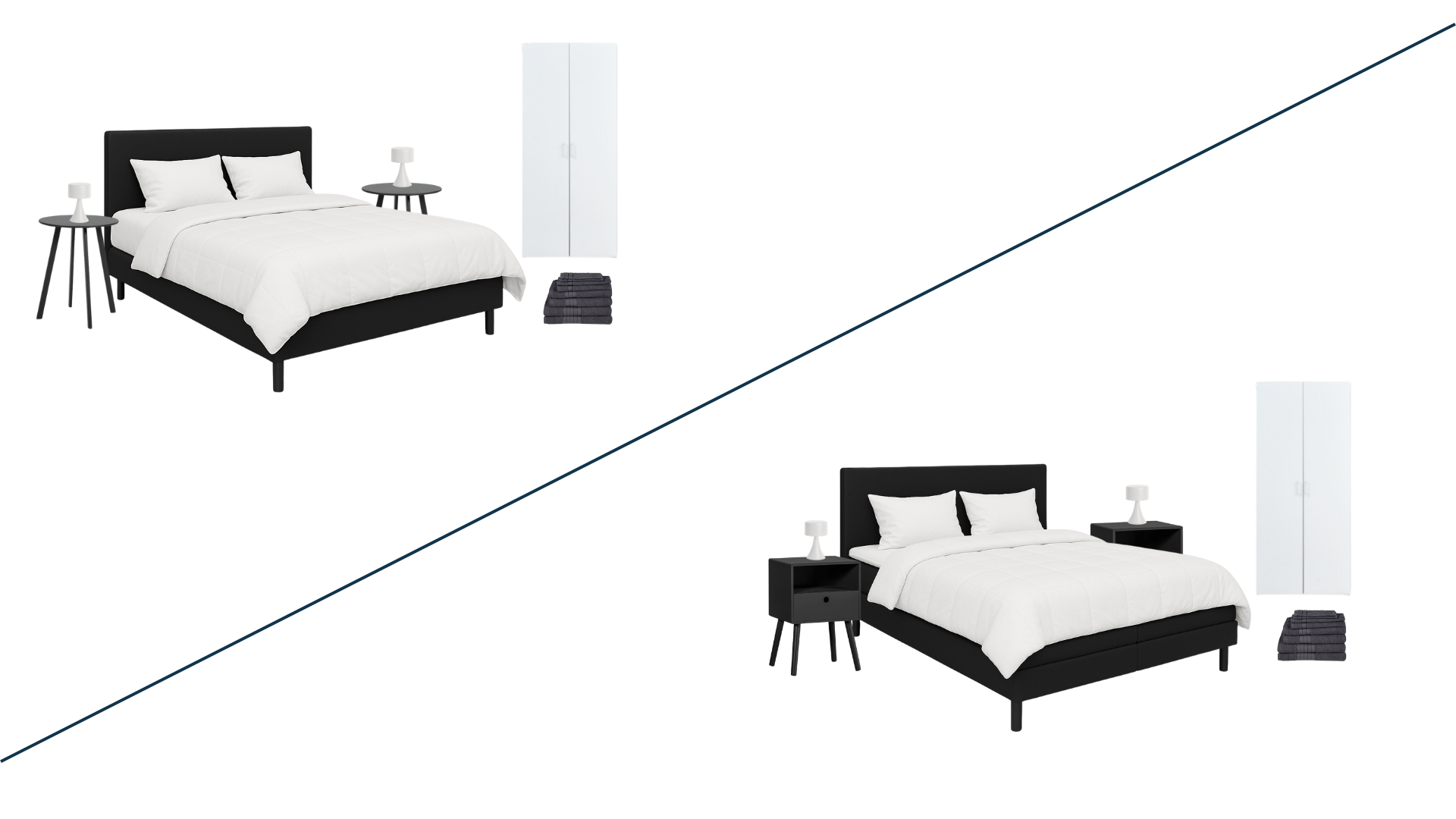 Two identical images of a bedroom with a black bed with white bedding and two pillows, a black nightstand with a white lamp, white wardrobe, and dark closet, overlaid with red and blue graphic lines.