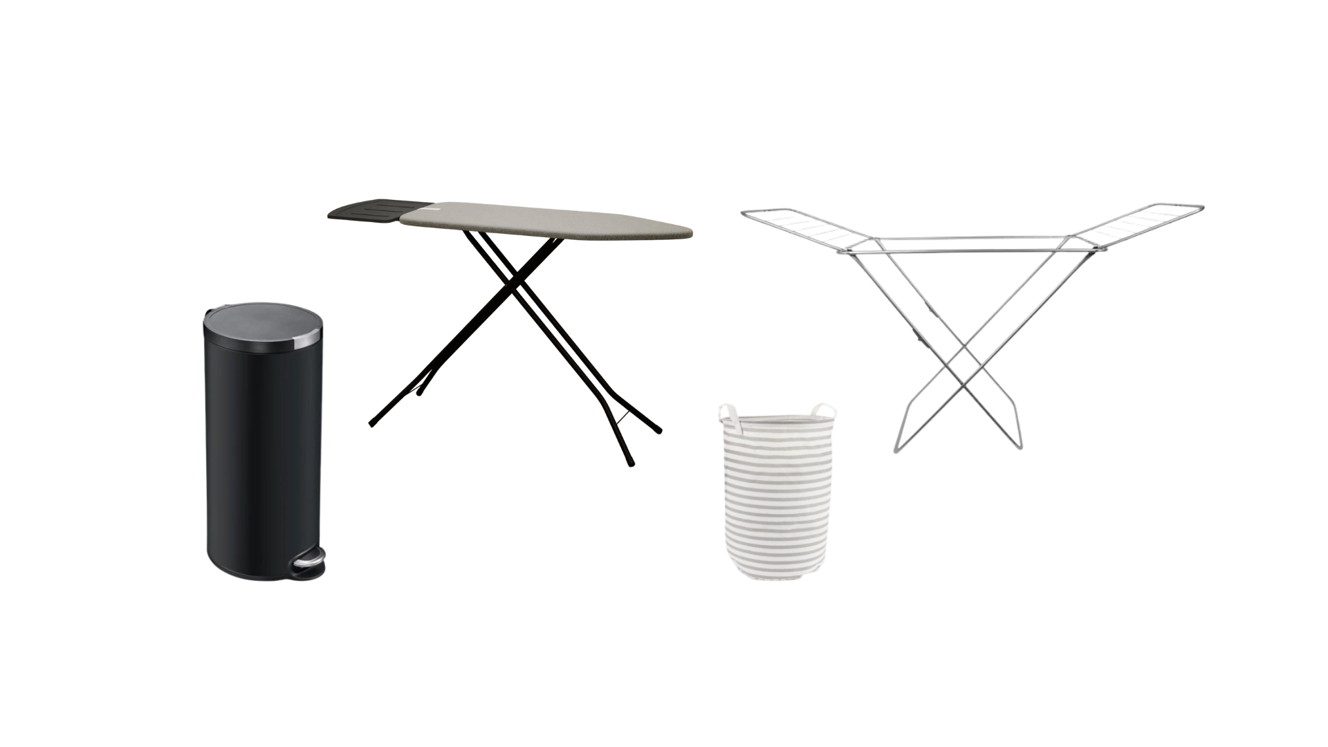 A black trash bin, an ironing board, a laundry basket with stripes, and a clothes drying rack