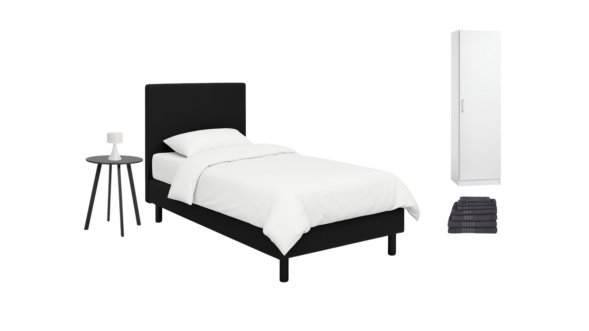 A black bed with white bedding, a black side table with a white lamp, a tall white wardrobe, and a folded dark towel placed on the floor.