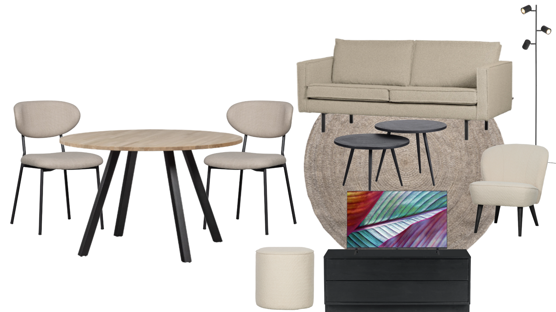 Living room setup with a beige sofa on a round rug, accompanied by black nesting coffee tables, a beige armchair, a round beige ottoman, a wooden dining table with three beige chairs, a large flat-screen TV on a black TV stand displaying colorful abstract art, and multiple ceiling spotlights.