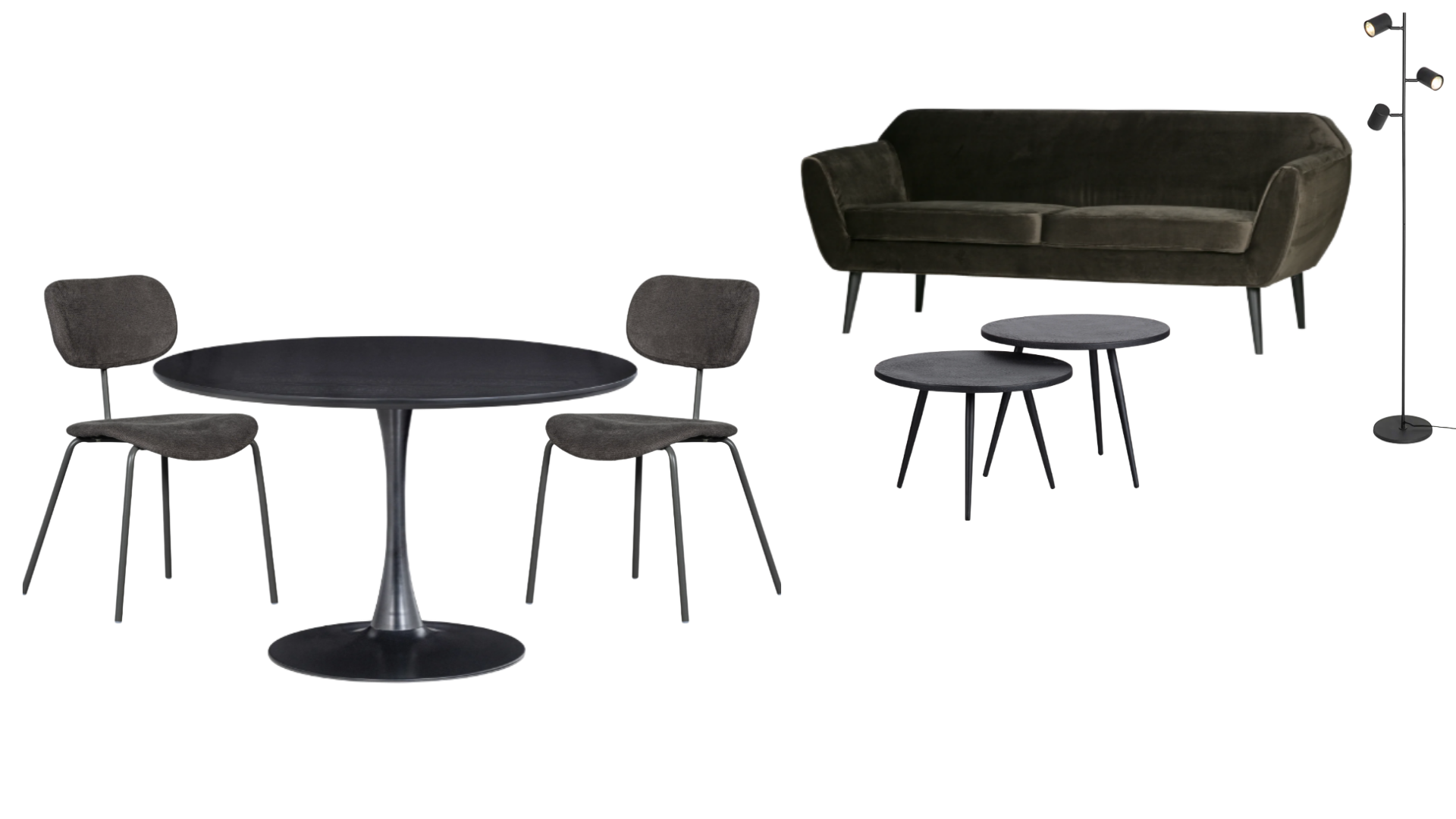 Various modern black furniture pieces including a round dining table, chairs, a sofa, small side tables, and floor lamps in a stylish setting.