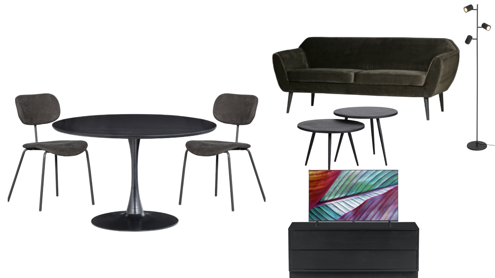 Living room with black sofa, dining table with four chairs, three nesting tables, a flat-screen TV on a black dresser, and three standing light fixtures.