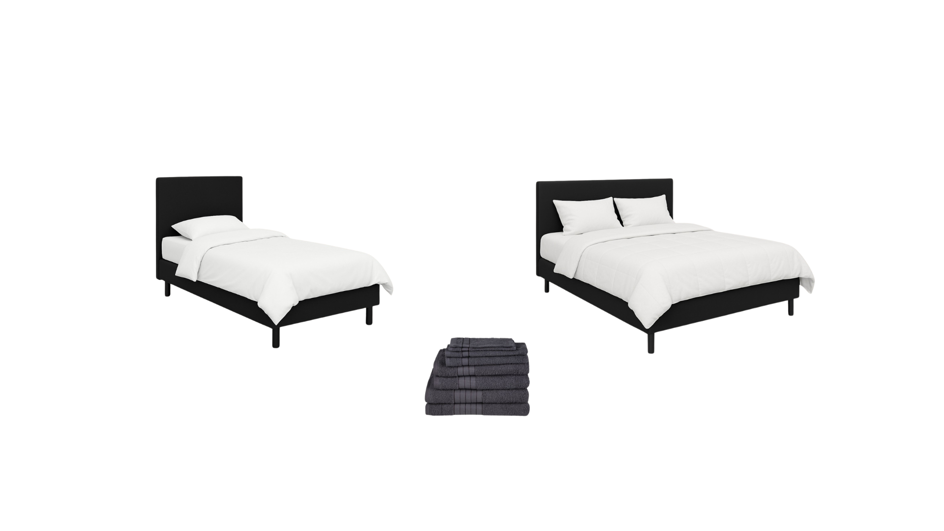Two black beds with white bedding and pillows, a stack of dark gray towels in front, and a black headboard connecting the beds.