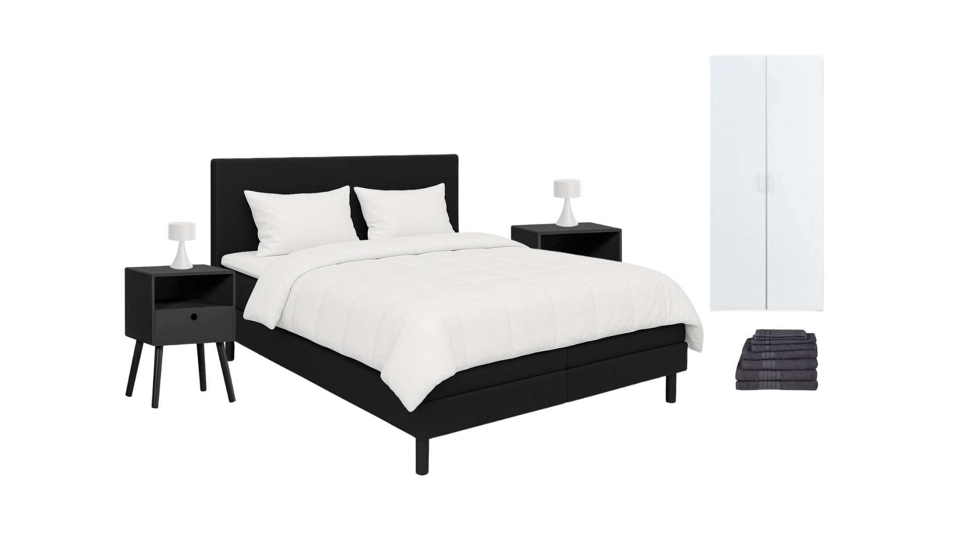 Black bed with white bedding, two white pillows, two black nightstands with white lamps, white wardrobe, and a stack of dark towels.