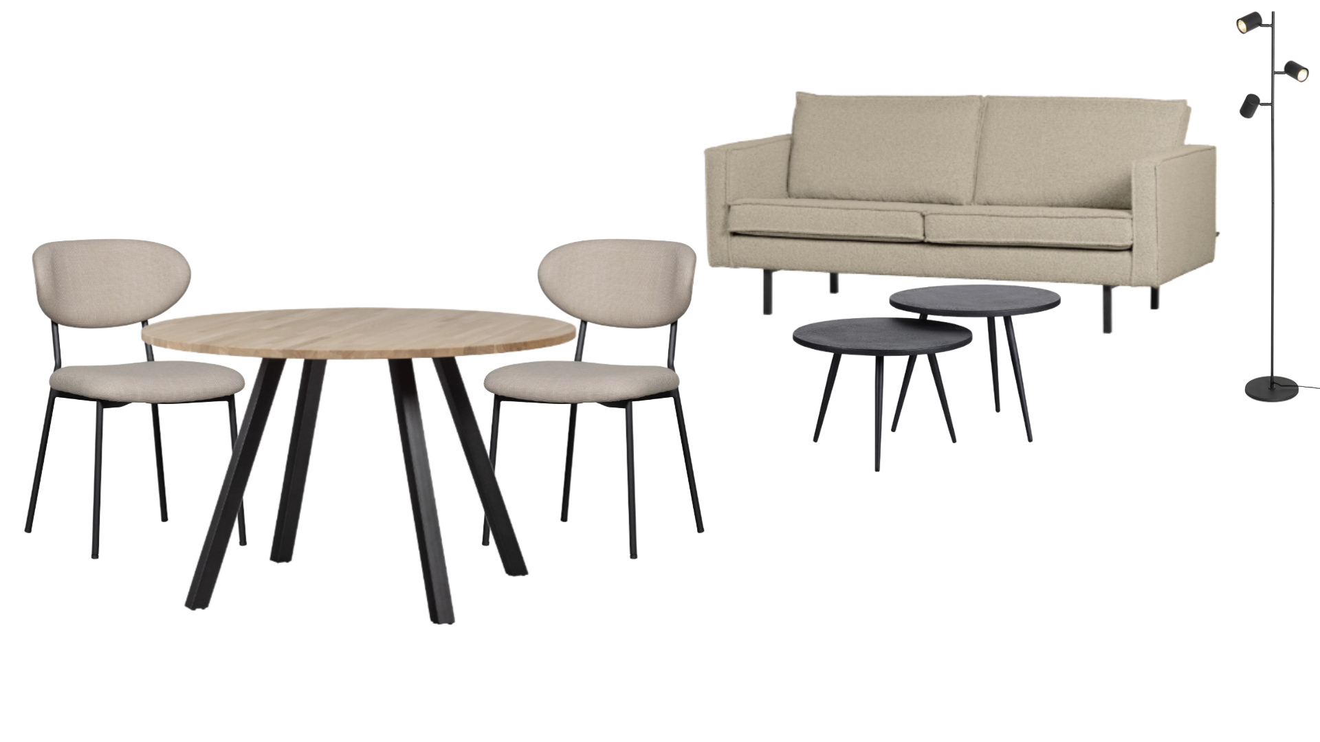 A modern interior with a round dining table surrounded by four beige chairs, a beige sofa, two small black side tables, and a tall lamp with three adjustable lights.