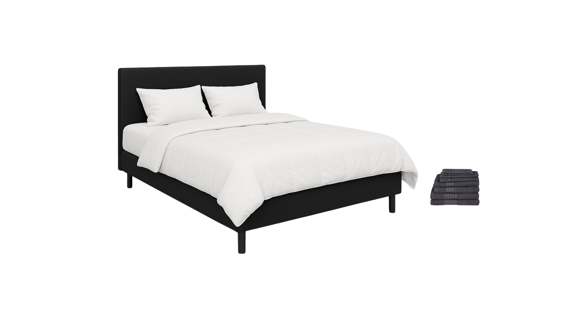 Black bed frame with white bedding, two pillows, and a stack of dark towels beside it.