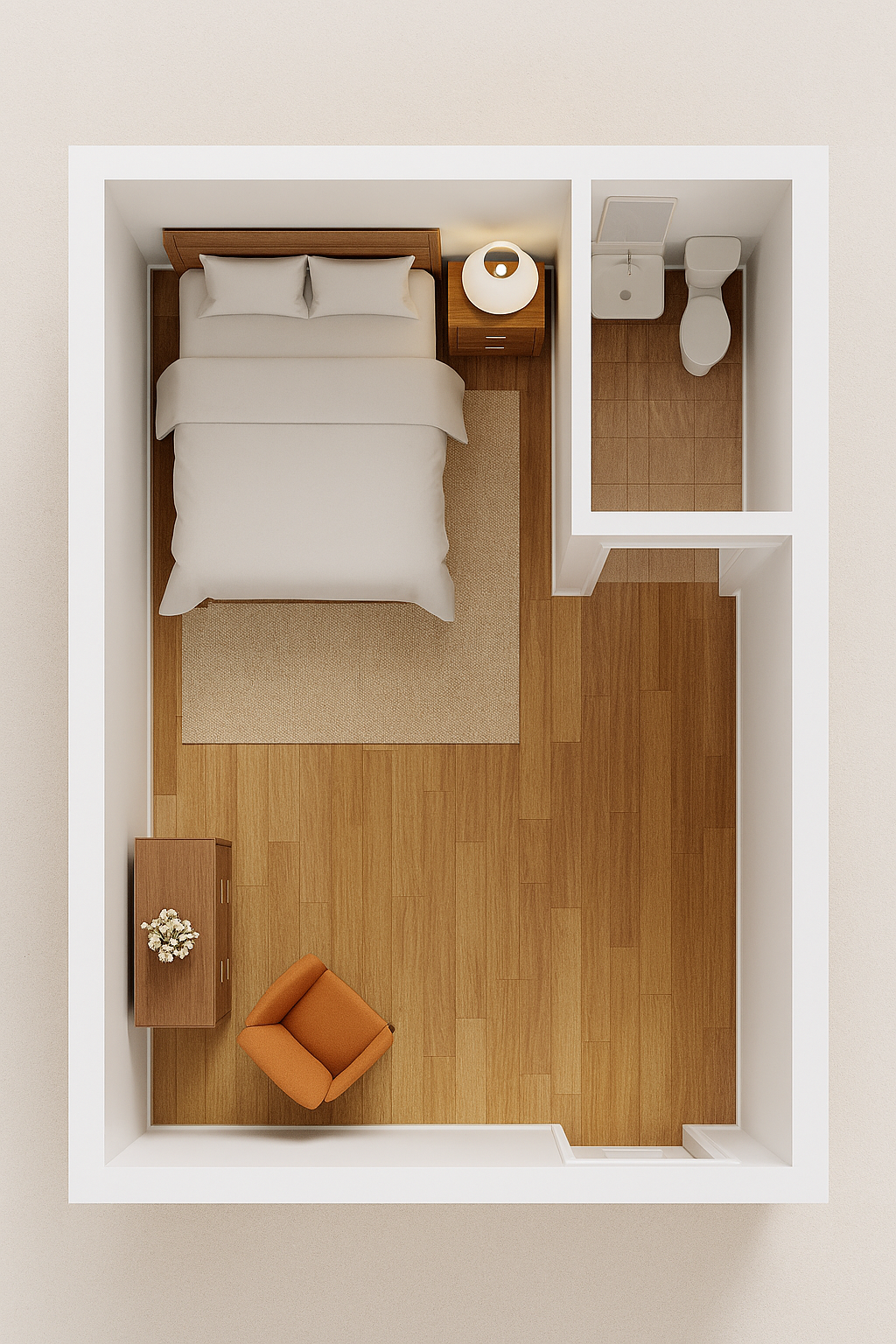 Aerial view of a compact Woodhaven Homes private bedroom suite featuring a queen bed with white linens, wooden nightstand and lamp, en-suite half bath, wood desk with flower vase, orange accent chair, and beige rug on hardwood floors