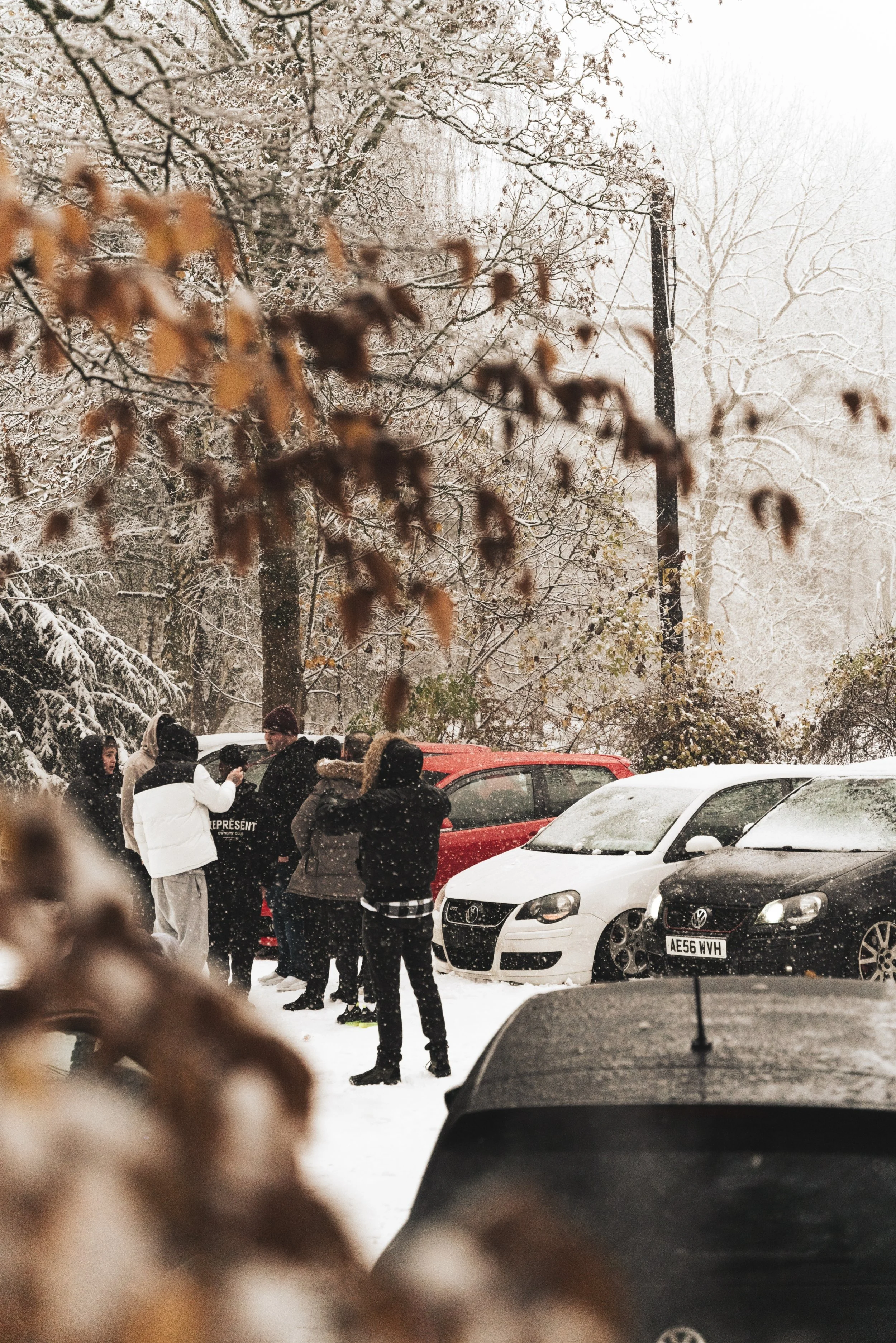 A group of people gathered outdoors on a snowy day near parked cars, some conversing, with snow-covered trees and a telephone pole in the background.