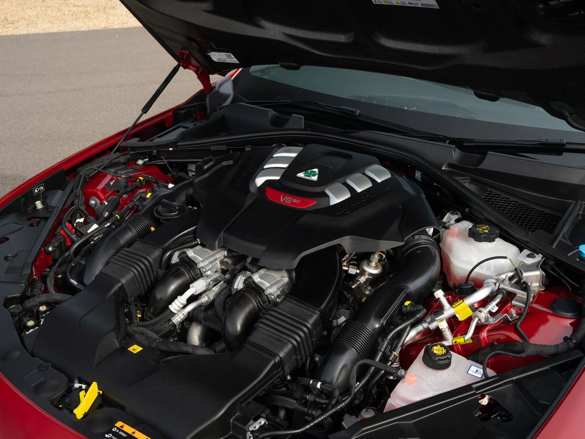 Close-up of a red sports car engine with V8 badge, black and silver components, and various fluid reservoirs.