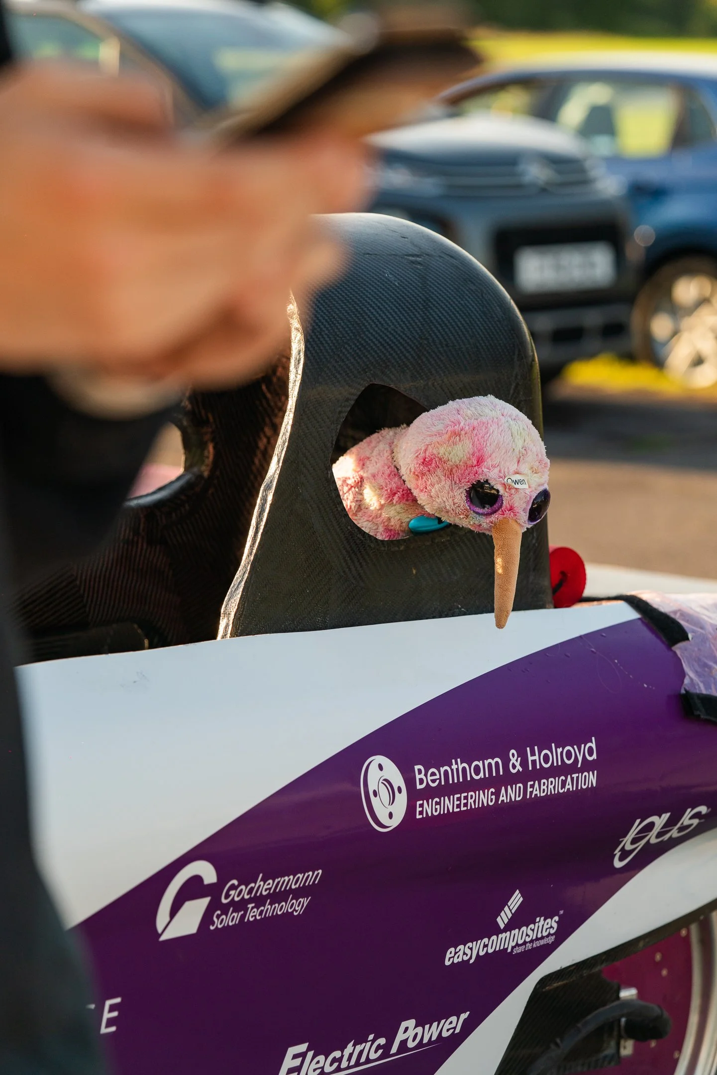 A plush toy with big eyes and a long nose inside a race car window, with the background showing parked cars.