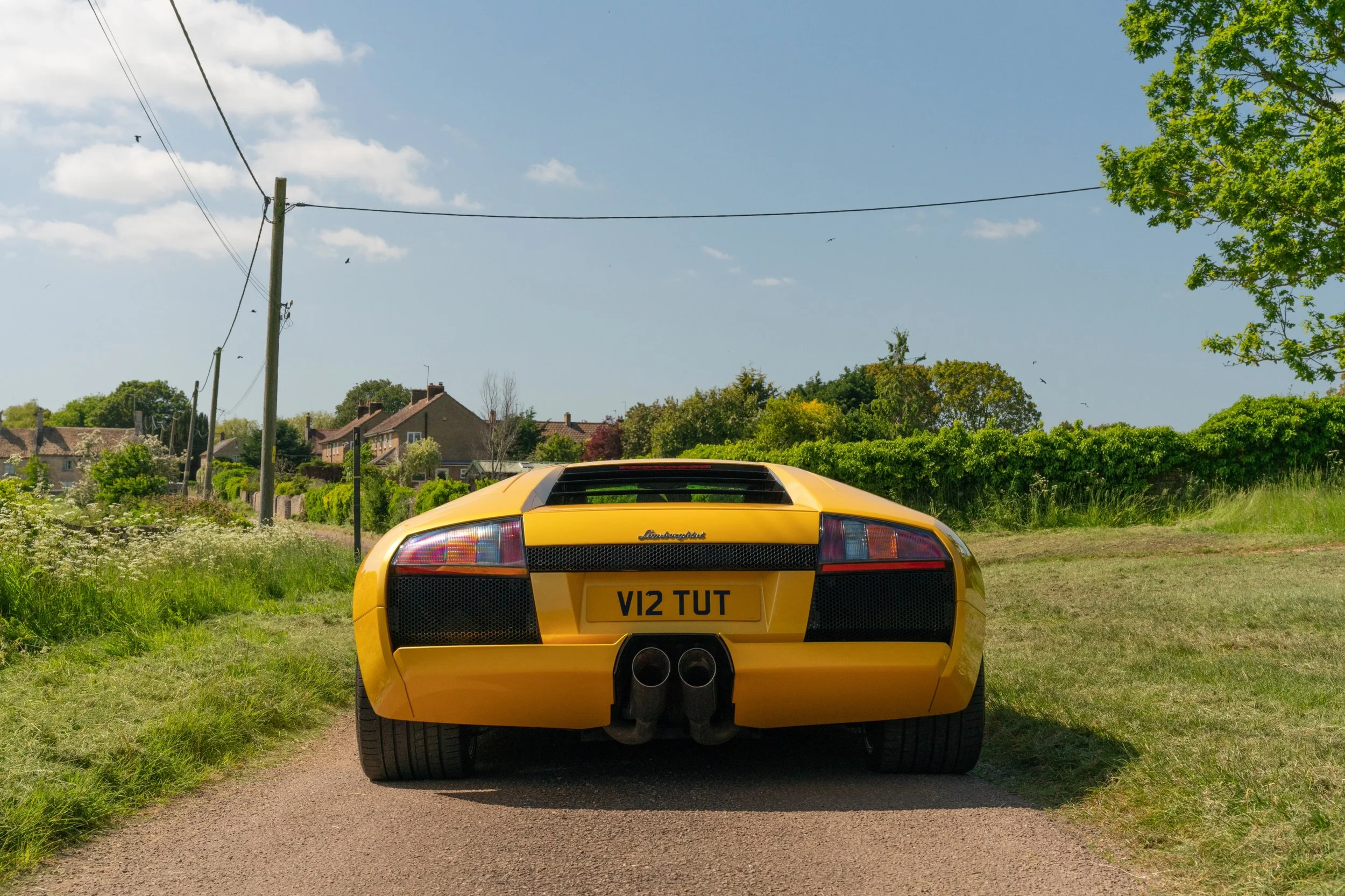 Yellow Lamborghini car parked on a rural road with houses, trees, and power lines in the background.