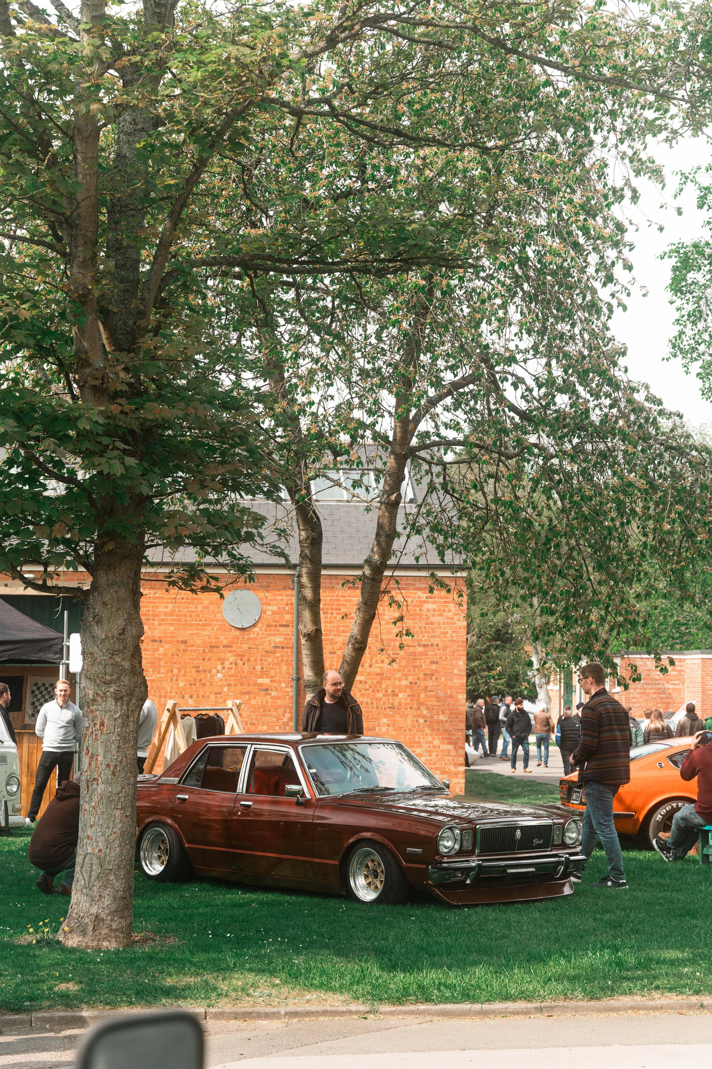 A vintage maroon car parked on a grassy area under a tree at a car show with people walking around in the background.