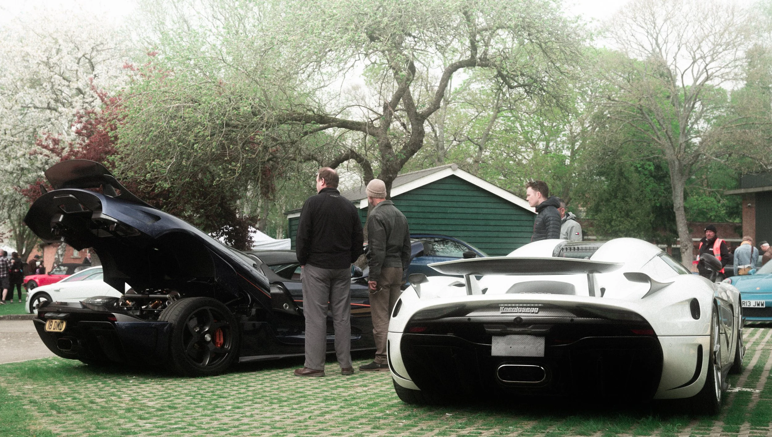 Black and white sports cars at an outdoor car show, with people admiring the cars and trees in the background.