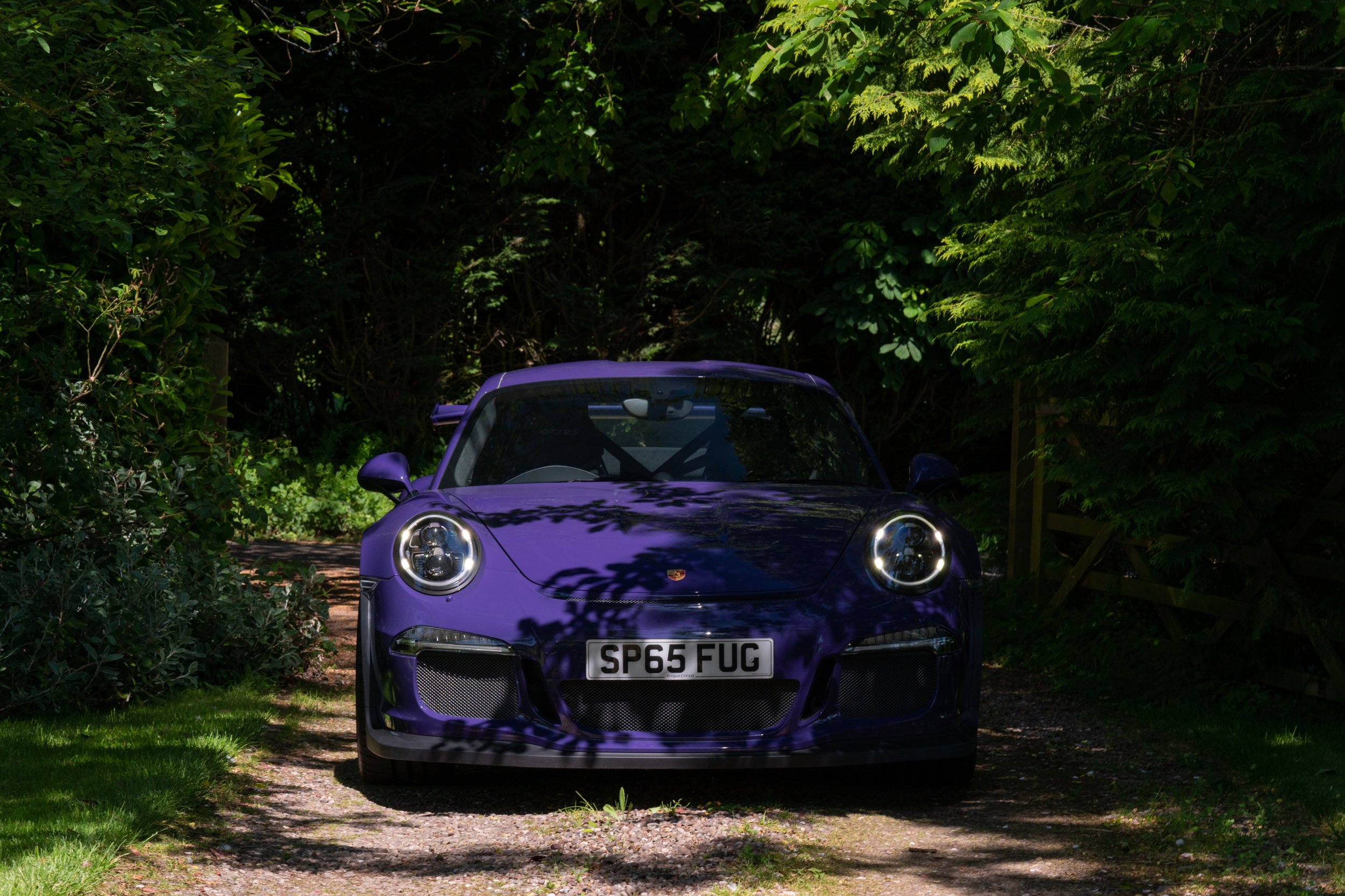 Purple sports car parked on a dirt path surrounded by green trees and bushes in a shaded area.